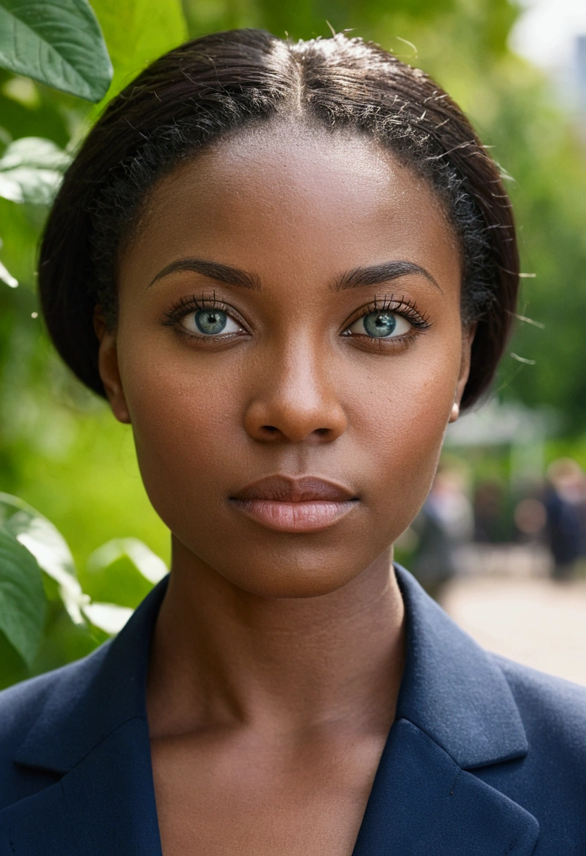 A hyper-realistic, close-up photo of an african woman in her late 20s with a neutral expression. Black hair, dark blue eyes. Professional attire. Soft natural lighting, warm tones, vivid colors. Canon EOS 5D Mark IV quality. Focus on upper body and full face, She stands outdoors in a bustling city park, with lush greenery and sunlight dappling through the leaves, --ar 2:1 --s 1000