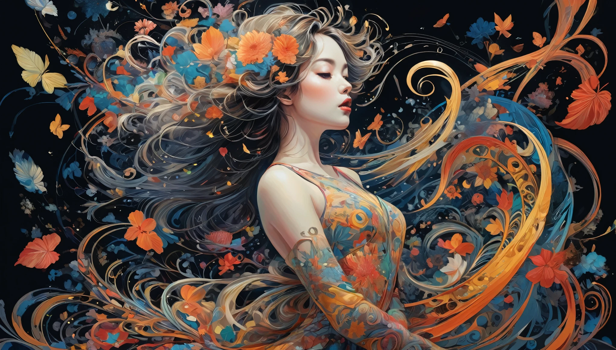 official art, unity 8k wallpaper, ultra detailed, beautiful and aesthetic, masterpiece, best quality, (zentangle, mandala, tangle, entangle), (fractal art:1.3) , 1girl, extremely detailed, dynamic angle, cowboyshot, the most beautiful form of chaos, elegant, a brutalist designed, vivid colours, romanticism, by james jean, roby dwi antono, ross tran, francis bacon, michal mraz, adrian ghenie, petra cortright, gerhard richter, takato yamamoto, ashley wood, atmospheric, ecstasy of musical notes, streaming musical notes visible, full body