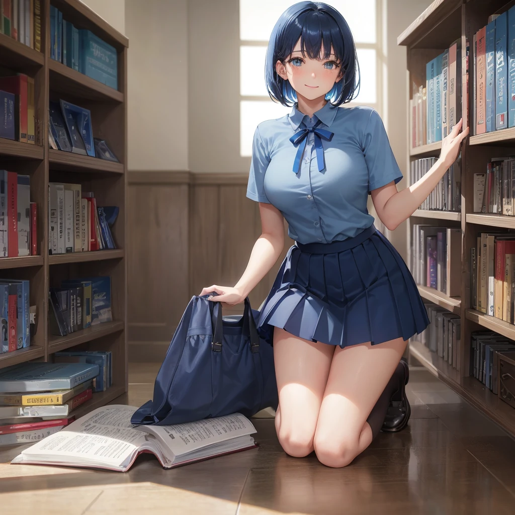 1 Solo 1 person high school girl 17-year-old female Bobcut dark blue hair color High School Uniform Light blue Y-shirt Short sleeve Blue Ribbon dark blue hair color Slim figure Large Breasts Full body portrait 学校のlibrary Smiling Kindly Laugh a little library Squat Place your hands before kneeling Put your hands on the floor