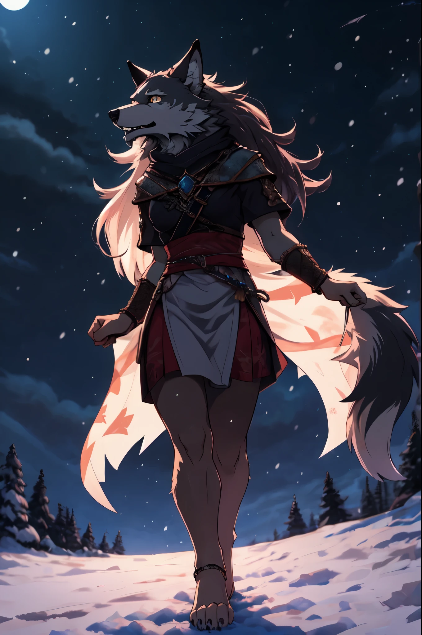 (((Barefoot furry character, full body, cinematic setting, furry female, plantigrade)))
There is a howling in the distance
There is a crying in the cold
And in the falling darkness I can hear them call
The wind and the masters of all
The ancient blood will burn forever
We face the terrors of the night
We ride out tonight into shadow and fight
We witness the ravens take flight
And my eyes are clear
And my heart can see
That beyond my fears
Lies a future for you and for me
Howling in the nightfall
We hear the fight call
And for honour and duty ride forth
All for the glory of (((the wolves of the north)))
For king and crown and for our honour
The wolves are calling us to run
And on through the plains where snow hides the sun
We feel now that winter has come
And my eyes are clear
And my heart can see
That beyond my fears
Lies a future for you and for me
Howling in the nightfall
We hear the fight call
And for honour and duty ride north
Far beyond the great wall
Beneath the snowfall
Now in shadow and darkness ride forth
Honour the glory of the wolves of the north
BREAK, intricate details, highly detailed, extreme detail, octane render, fine art, best quality, highres, (detailed face:1.5), ((full_body)), UHD, (((perfect hands))), ((low light:1.5))