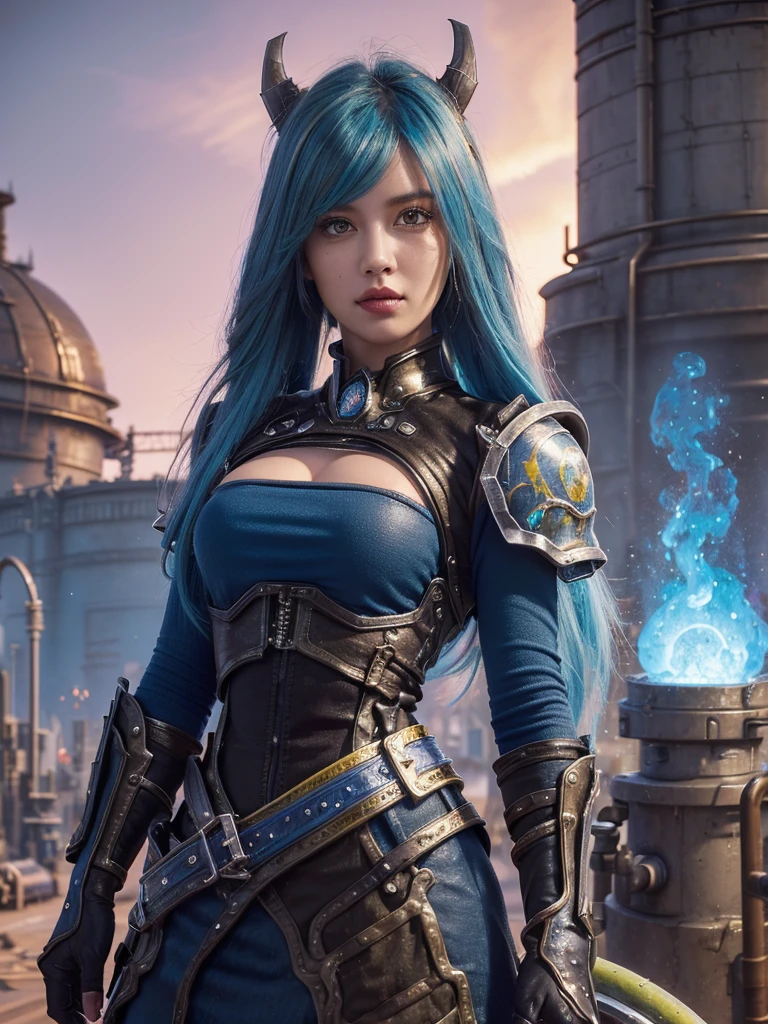 ((best quality)) , ((masterpiece)) , (detailed),Color splash, (((1girl))) , wearing Shabby Chic Wrap dress, has metallic plating, Colored hair, ((Fossil fuel power station)) in background, (((World of Warcraft)))