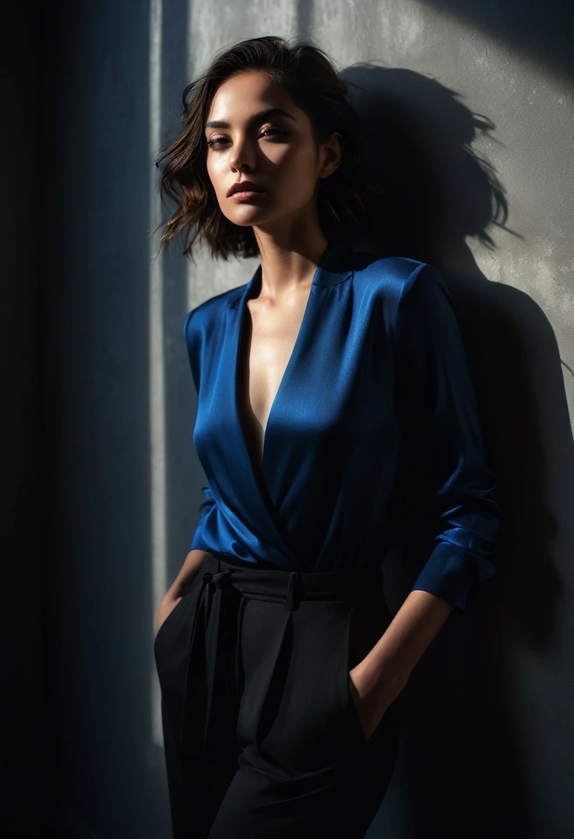 woman bathed in soft light, leaning against a wall, looking into the camera in a moment of raw emotion. Her attire is minimal, accentuating her beauty with the dramatic shadows cast by the lighting. The background is stark, with sharp contrasts highlighting the contours of her form. The blue and black palette intensifies the mood, evoking a sense of mystery and allure. Subtle film grain and meticulous shading add depth and texture, emphasizing the emotional gravity of the scene. The lighting creates a chiaroscuro effect, accentuating her expressive pose and the intense atmosphere.
