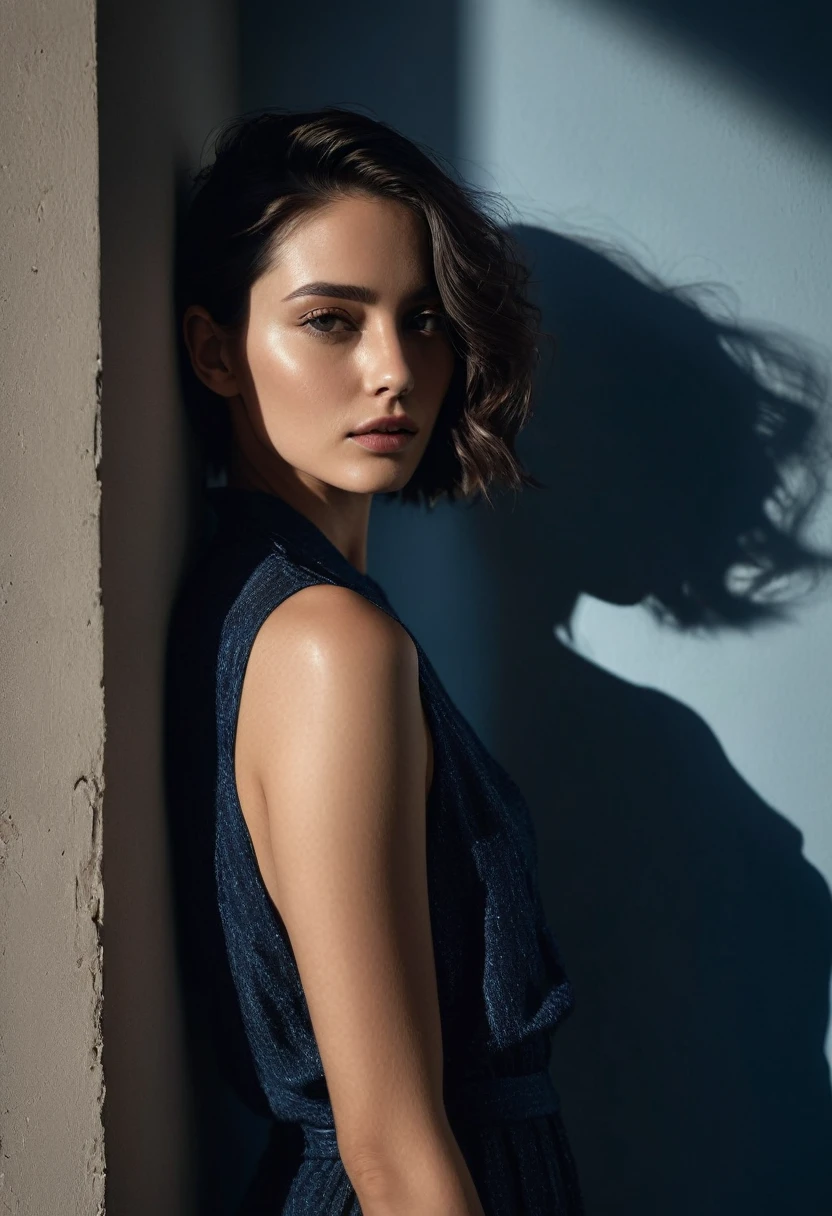 woman bathed in soft light, leaning against a wall, looking into the camera in a moment of raw emotion. Her attire is minimal, accentuating her beauty with the dramatic shadows cast by the lighting. The background is stark, with sharp contrasts highlighting the contours of her form. The blue and black palette intensifies the mood, evoking a sense of mystery and allure. Subtle film grain and meticulous shading add depth and texture, emphasizing the emotional gravity of the scene. The lighting creates a chiaroscuro effect, accentuating her expressive pose and the intense atmosphere.