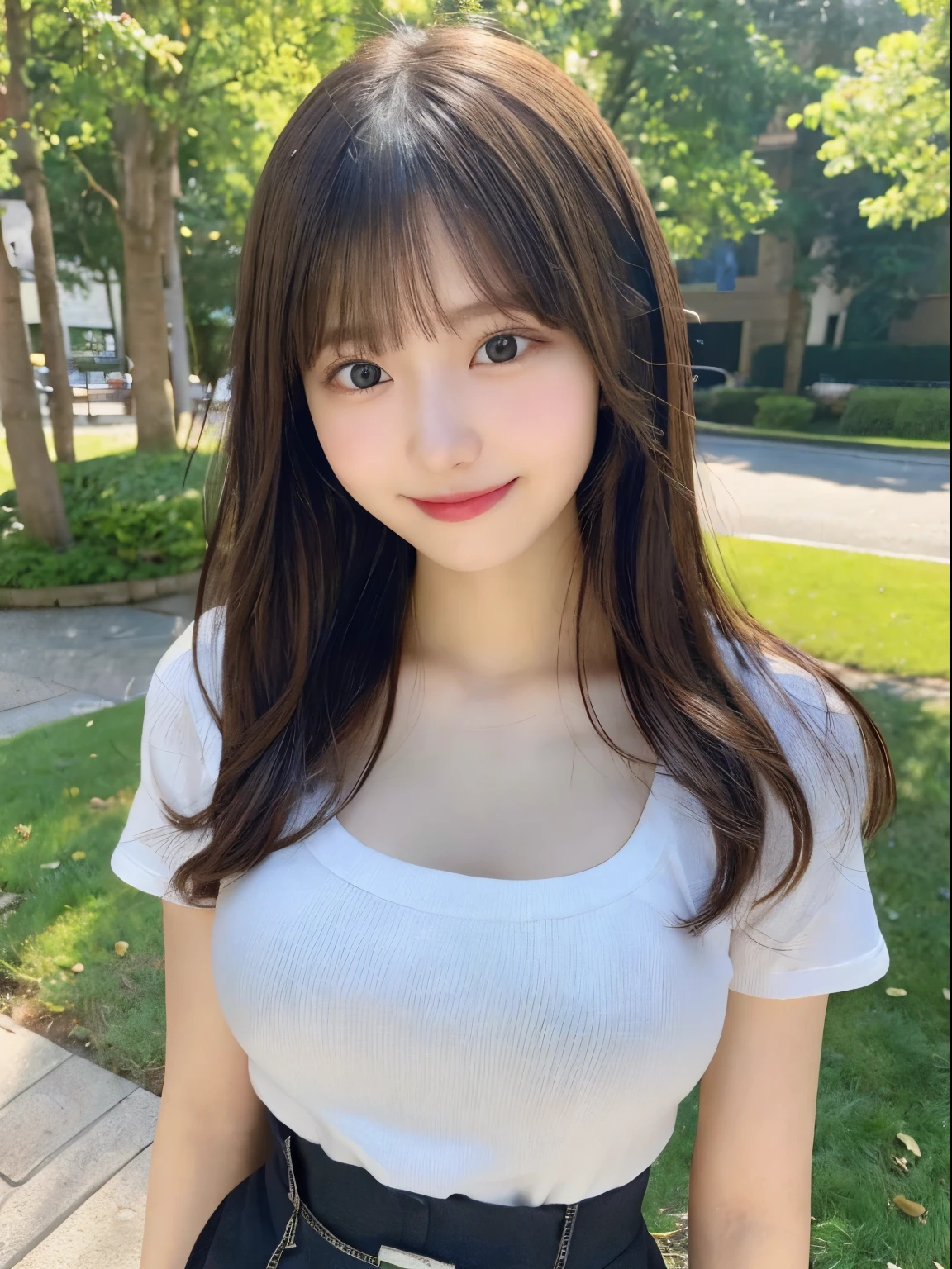 (8k, Top quality, Masterpiece:1.2), (Realistic, photo-realistic:1.37), Super detailed, perfect anatomy, cute, small eyes, 18 years old, a Japanese, girl, huge breast, bangs, half smile, full body,