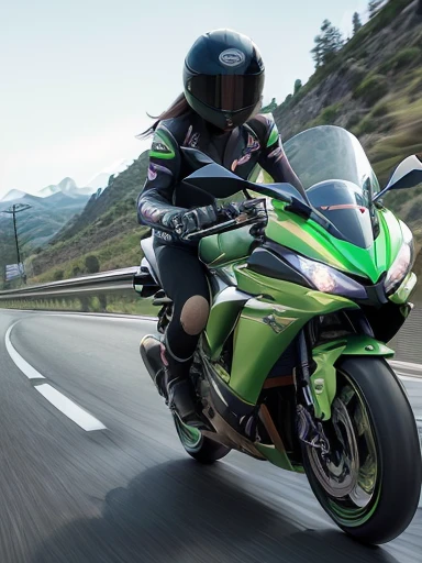 Japanese female, (underweight), (flat chest best quality:1.5), (motion blur:1.2), (long exposure:1.3) ,(highway), motorcycle, (riding Kawasaki super sport motorcycle:1.2), messy hair, (idol:1.2), (Riding a Kawasaki super sports motorcycle on the highway), Japanese, (Enjoyable Scene), ((on the road)), with a full moon, (at midnight:1.2), structural, closeup shot, from below,
