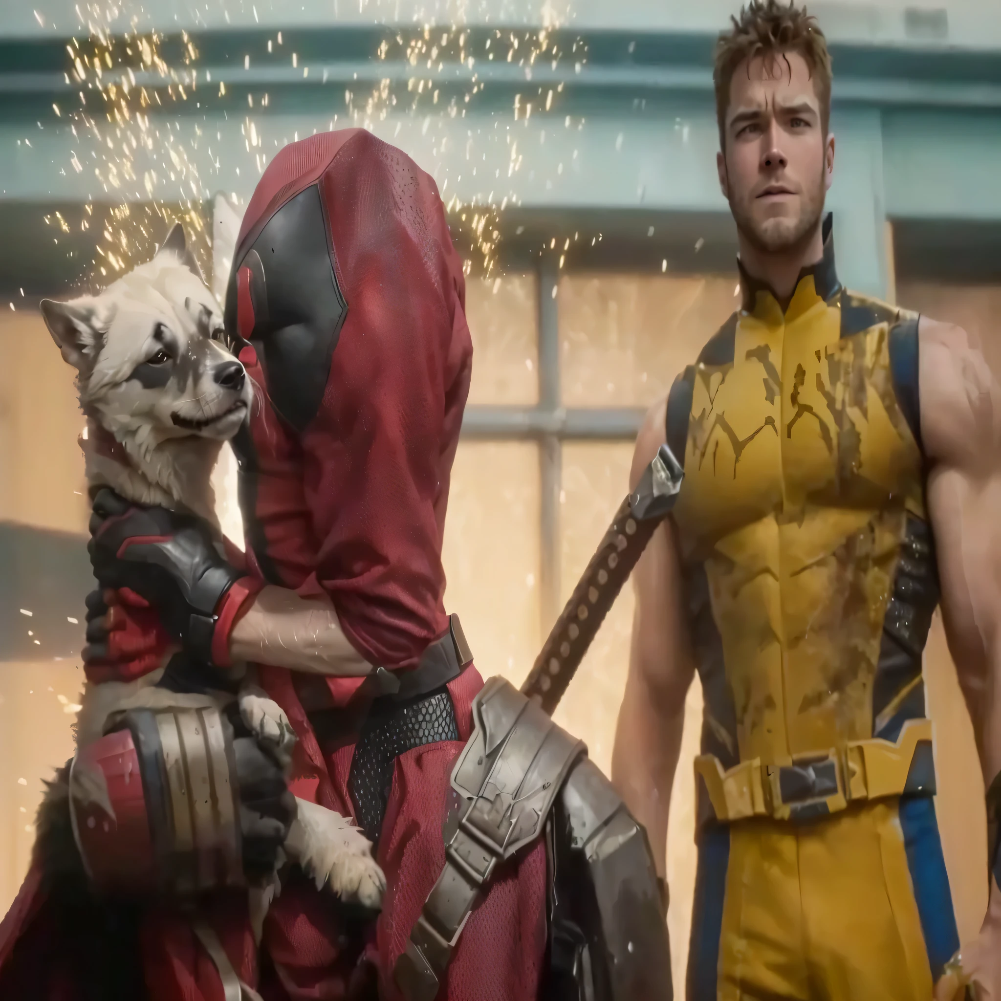 a close up of a person holding a dog and a Dead Pool, toujours du film Marvel, scène épique du film Marvel, Dead Pool, La piscine morte de Ryan Reynolds, Je me demande encore ce film, image tirée du film de Ryan Reynolds, ryan gosling as Dead Pool, Taron Egerton: Wolverine, scène de film live-action, coup d'ouverture, # film, d'un film merveilleux