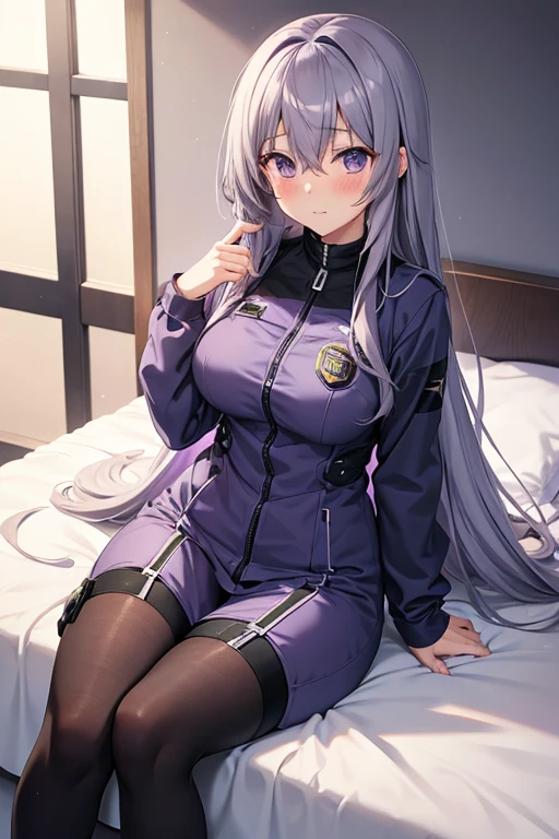 Anime Girl 2d Long Hair Loose light Purple-Grayish, Age Adulthood adult, in police suit sexy blushed sit over a bed