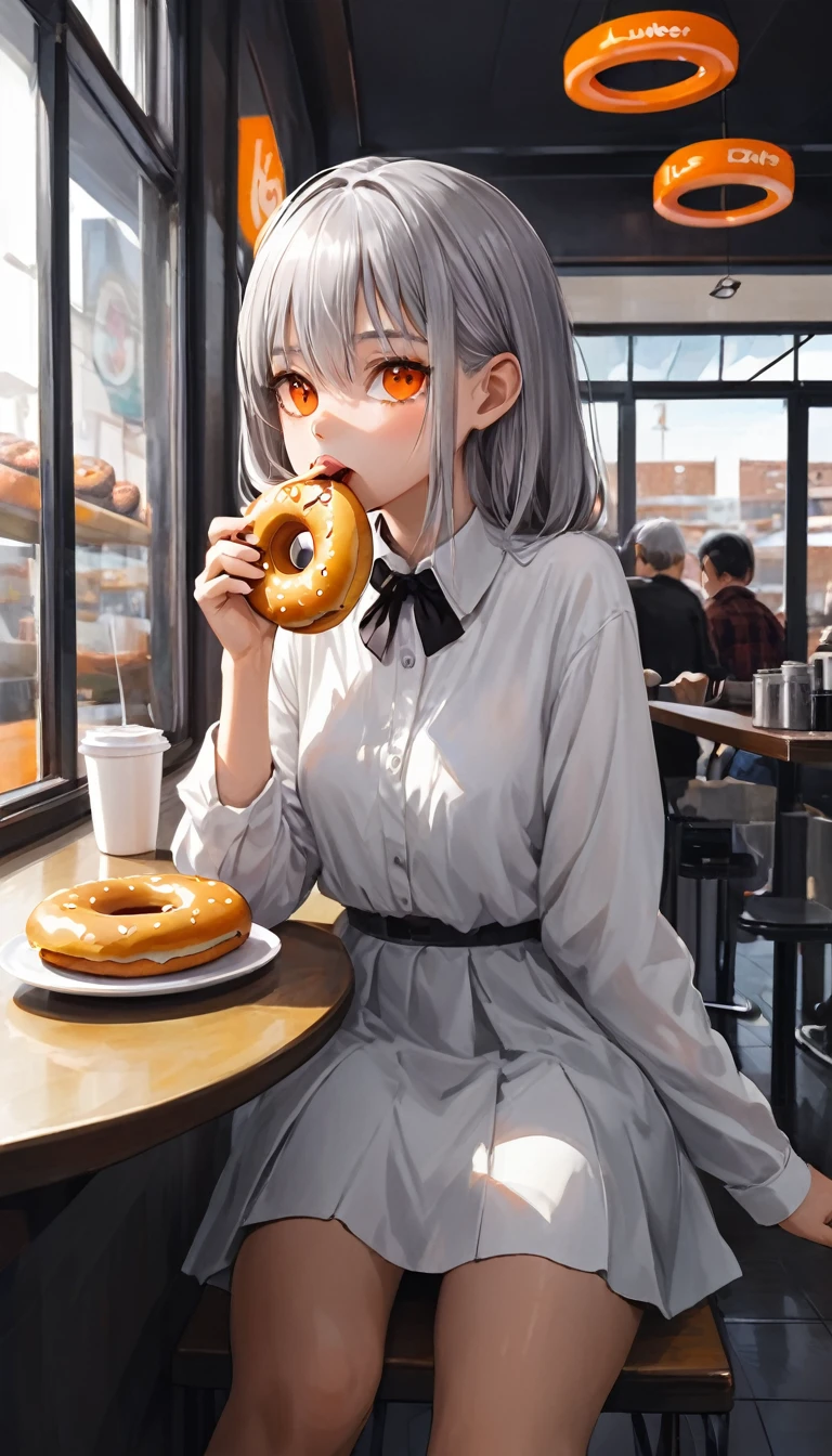 A beautiful bimbo girl eating a donut in a cafe, grey hair, orange eyes, Conceptual art, image fill, omake, vanishing point, Ultra-Wide Angle, anatomically correct, super detail, high details, high quality, best quality, highres, HD, 4K, 8k