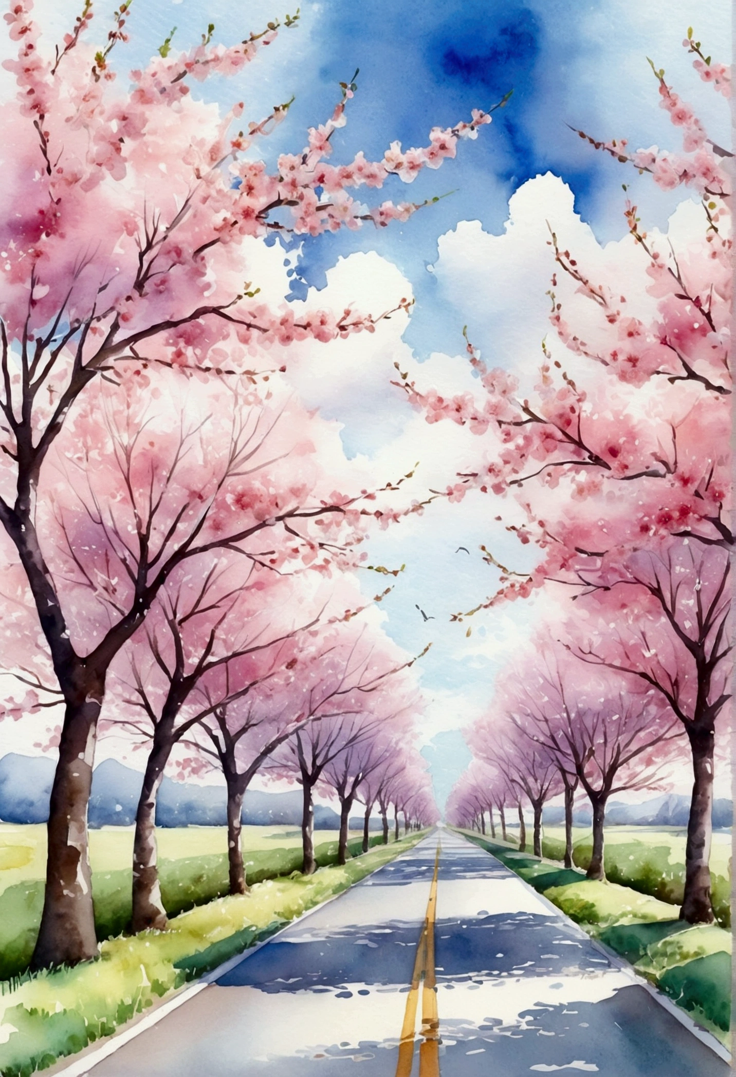 Blue sky and white clouds，The road is lined with beautiful cherry blossom trees，WaterColor style