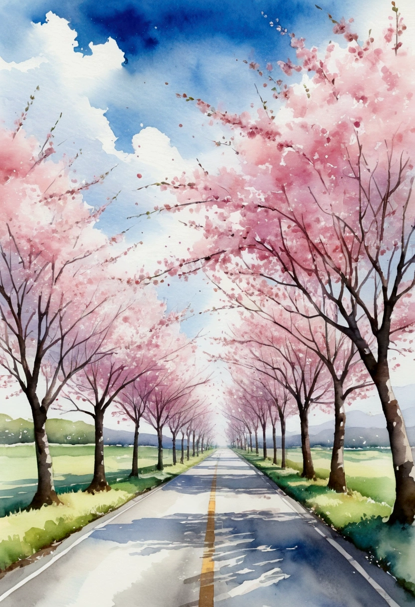 Blue sky and white clouds，The road is lined with beautiful cherry blossom trees，WaterColor style