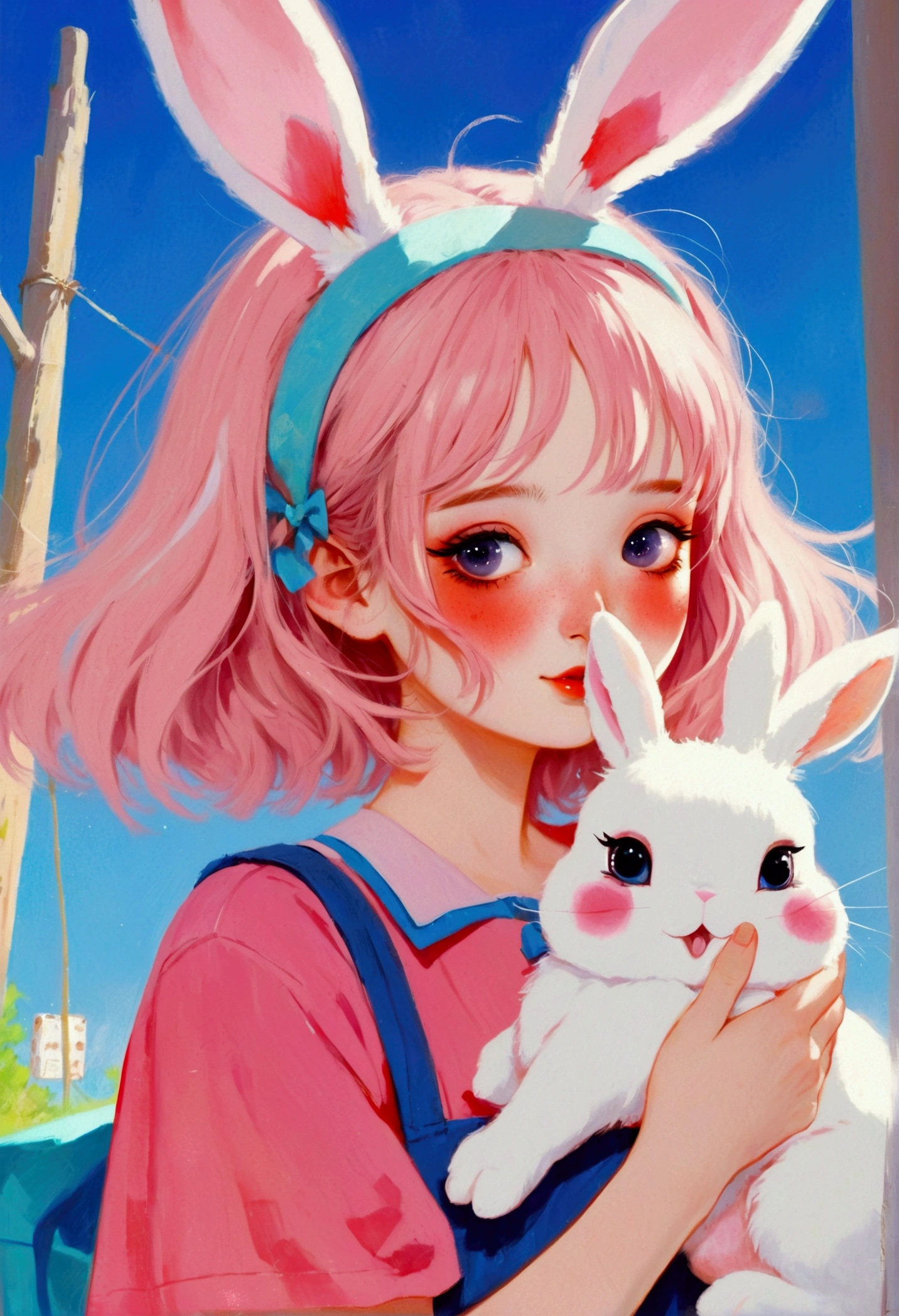 Anime girl with bunny and bunny ears holding a pink rabbit, guweiz style artwork, Lovely art style, Official Fanart, Kawaii realistic portrait, Lovely portrait, Alice x. open, Pastel anime illustration, Bunny Girl, rossdraws 2. 5, Lovely artwork, Cute digital art, Digital Anime Illustration, With rabbit ears, Rossdraws Portrait