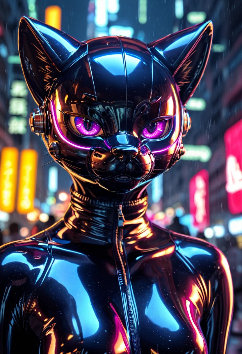 realistic, Highest quality, Highest quality, masterpiece, Ultra-high resolution, Detailed Background, Absurd, Cyber City, Perfect Anatomy, performance, Good lighting, Shadows in the movies(kemono, Furry PersonifiCation), Cat, Rubber Suit, Rubber Body, Full Head Mask, The head is covered in rubber, Rubber Head, Vibrant colors, Dynamic Lighting