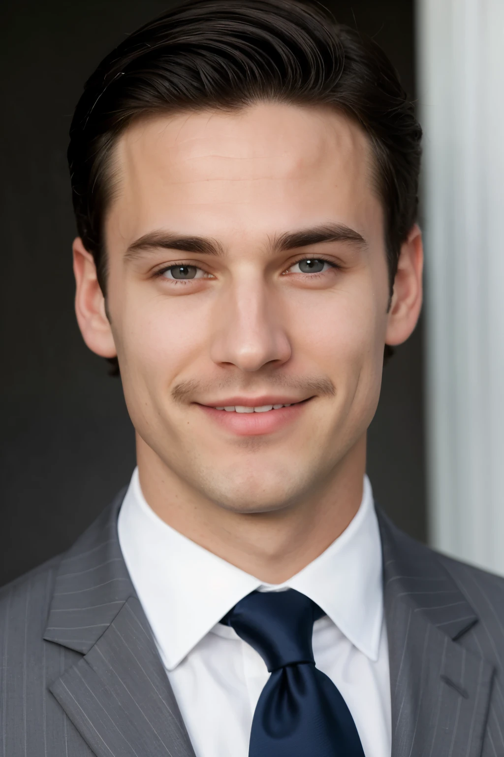 the face of a young white guy, he has short black hair, without glasses, with dark gray-blue eyes and a straight long thin nose, an elongated face with a smile on his lips, without a beard and mustache, in a gray suit with a striped tie.