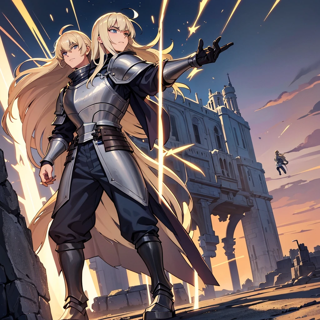 (Full body character concept、10 people)、Highest quality, Best Quality, Best illustrations, (((Grey Armor)))、(((Blond long hair man、Long-haired man、male、24-years-old、Cool guy)))、(Medieval Knight)、(Navy blue trousers、Gray Globe)、(get annoyed、Clench your teeth)、(Living in the desert)、(White background)、Run、(From below)、(attack、Same angle、Deathblow、sparks)