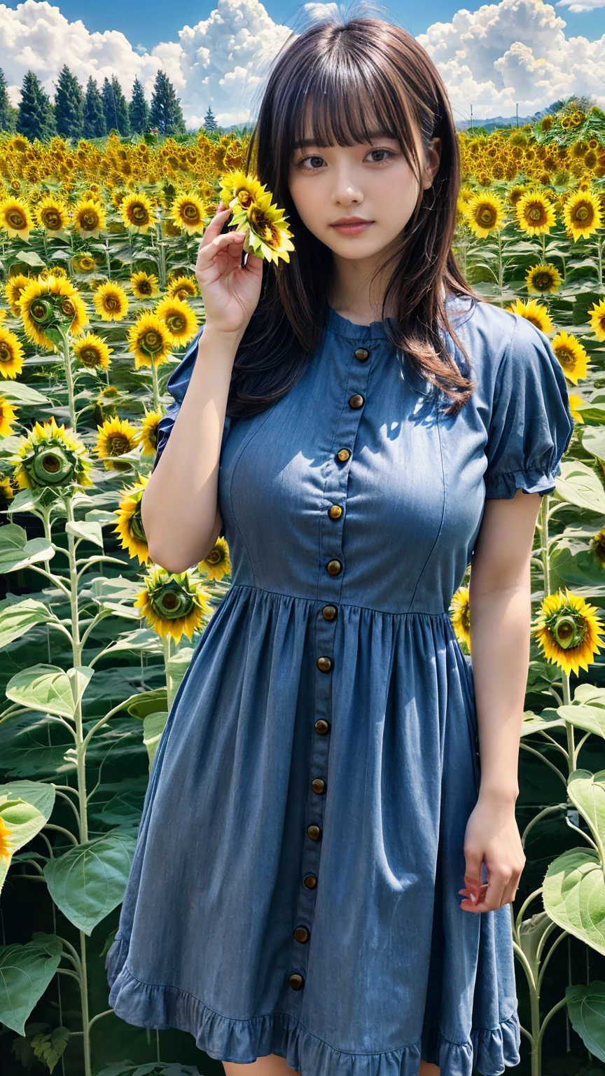 (8K, RAW Photos, Highest quality, masterpiece:1.2), (professional photography, full colors, studio-caliber color grading), (Gravure quality for high-end fashion magazines), close up, BREAK,18 year old girl, (straight hair:1.1), crying a little, Harajuku style, Big Natural Color Lip, (Plumpy body (smooth skin.1 (huge breasts BREAK (((casual dress.3)), BREAK (Sunflower field background)、
