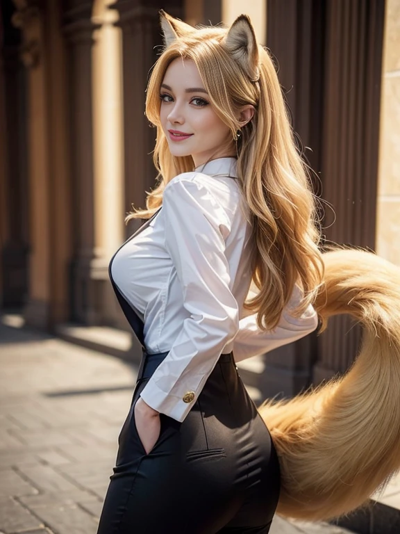 ((Highest quality, 32K)), ((masterpiece)), (Get used to it), Perfect Face, Fox Girl, Beautiful woman, public, There is a tail, She has a blonde fox tail, She wags her fluffy tail, smile, collar, She wears a business suit, Beautiful hip line, A tail sticks out from its rear end, Large Breasts, Big Ass