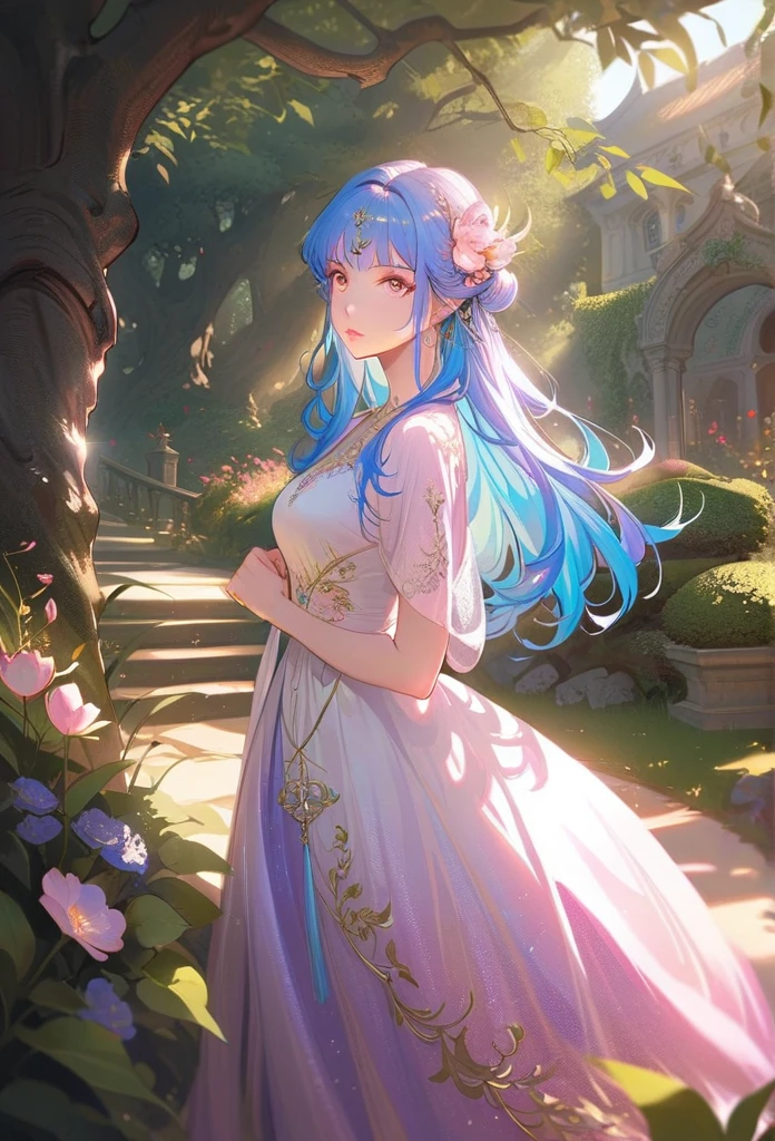 a beautiful detailed girl with long blue hair, detailed eyes, detailed lips, extremely detailed face, longeyelashes, elegant dress, peaceful expression, beautiful garden, sunlit, lush greenery, vibrant colors, cinematic lighting, dramatic shadows, fantasy, highly detailed, 8k, photorealistic, intricate, masterpiece