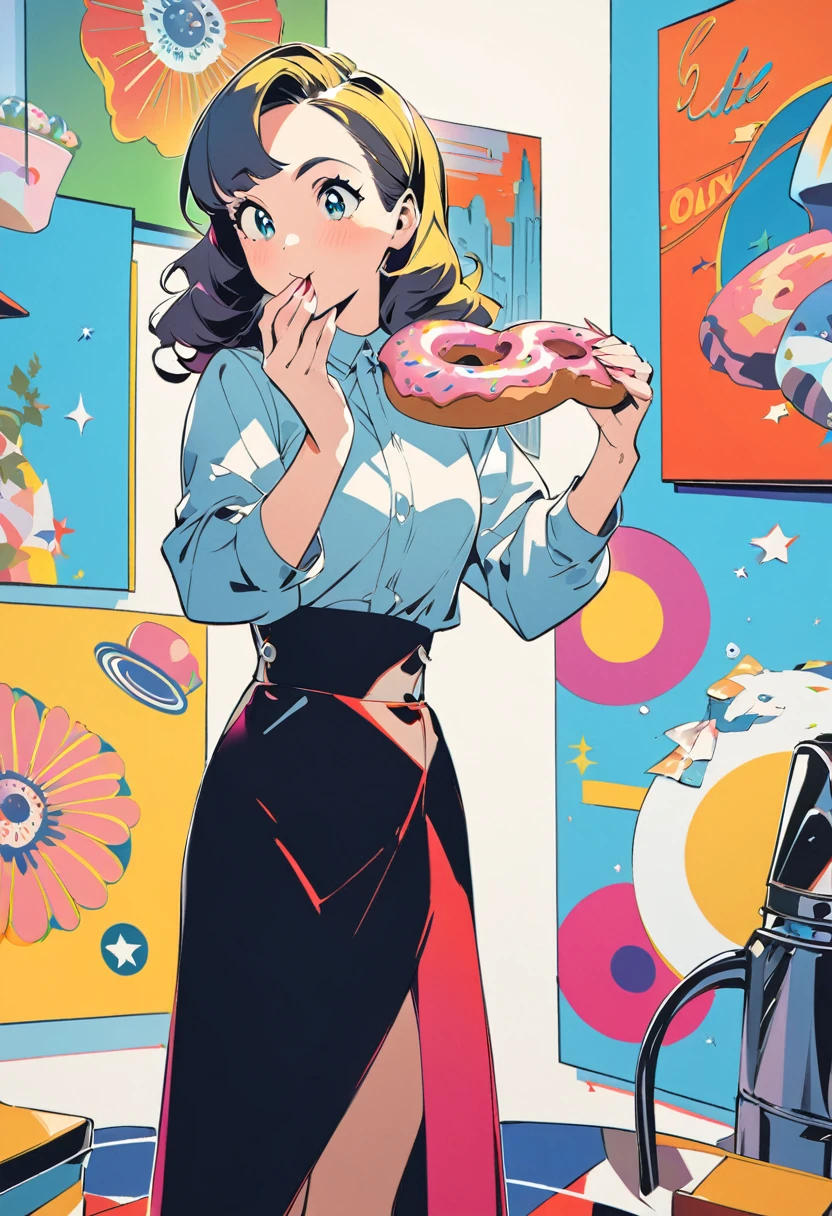 One girl, alone, Eating a donut while standing, Peter Sato Style、American Art、50's, Pop Art,colorful, Life's bliss,