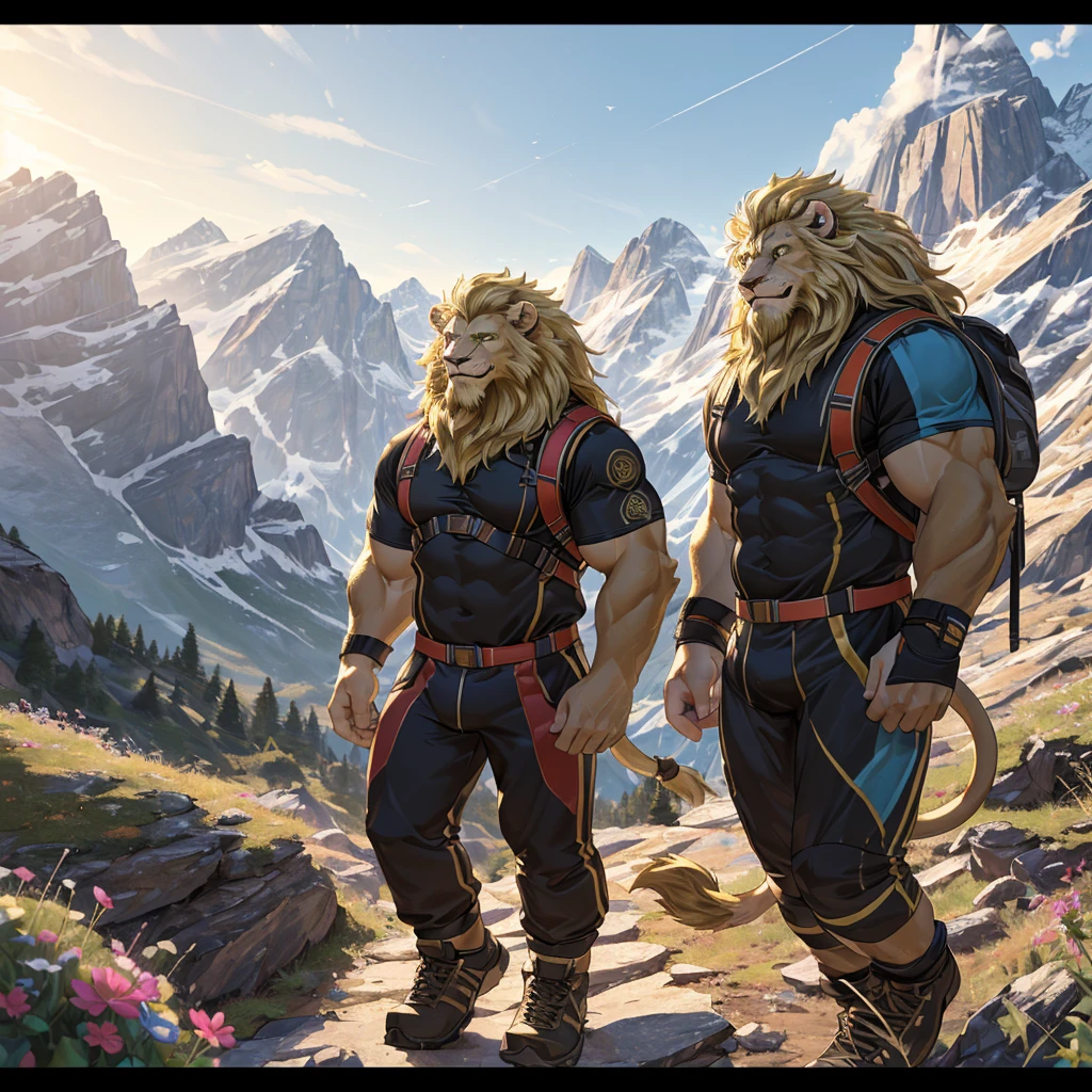 (best quality,4K,8K,high resolution,masterpiece:1.2),Extremely detailed,(Practical,photoPractical,photo-Practical:1.37),lion, male, Long blond mane, Blonde chin beard, Green Eyes, Muscular body, Tight sportswear, Hiking in the mountains, Smiling and looking at the scenery, Vibrant colors, Golden Lights