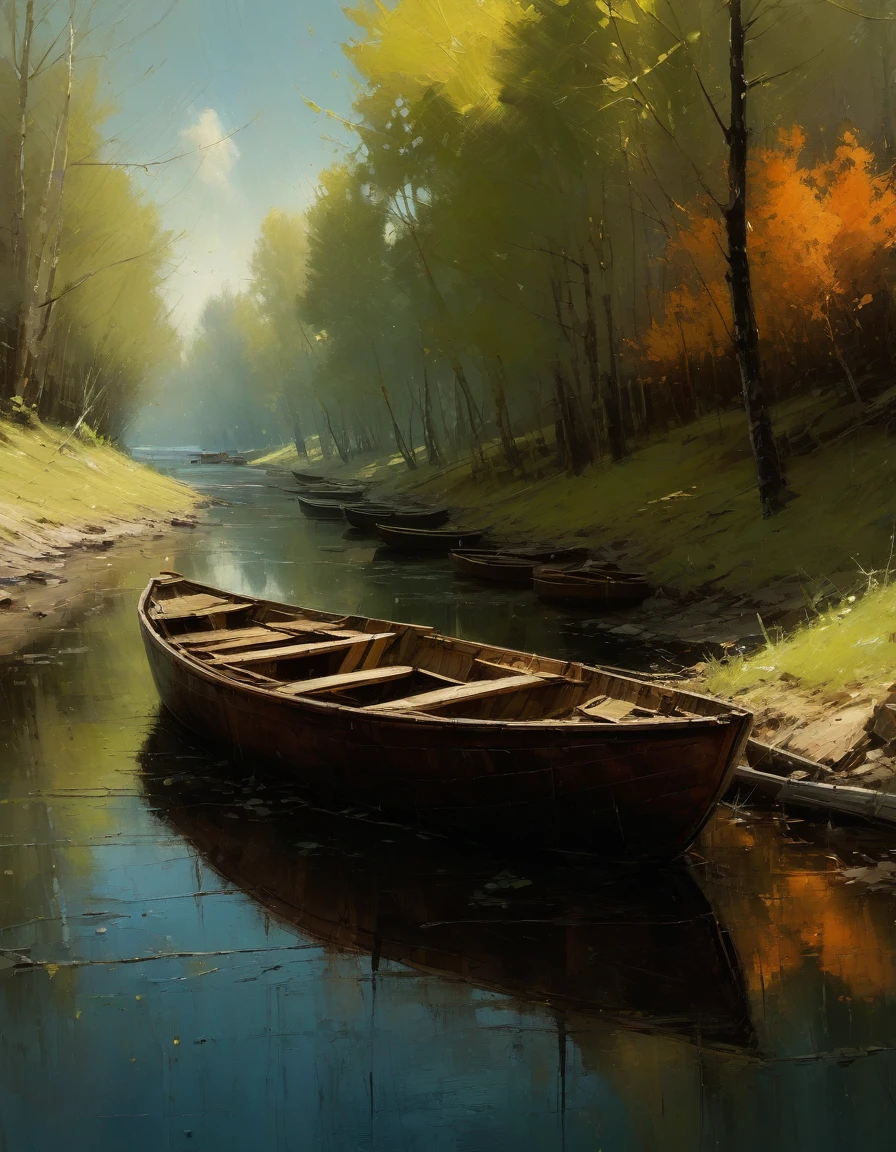 Jeremy Mann. (Nature and Landscapes painting)  (Masterpiece, Best Quality, 4K, 8K) , Impasto oil painting, textured. Saturated deep colors. High contrast. Detail. Multi-layered image with cellular shadows. Beautiful  Landscapes, Perfect Nature, Canada wildlife and nature landscapes, Wooden boats, maple trees, especially featuring local flora and fauna, golden ratio, award-winning, highly detailed, centered, drawn, complex, volumetric lighting, beautiful, masterpiece, depth of field, perfect composition, high resolution 8K, palette knife and brush strokes, Artistic style Ivan Shishkinl artist.