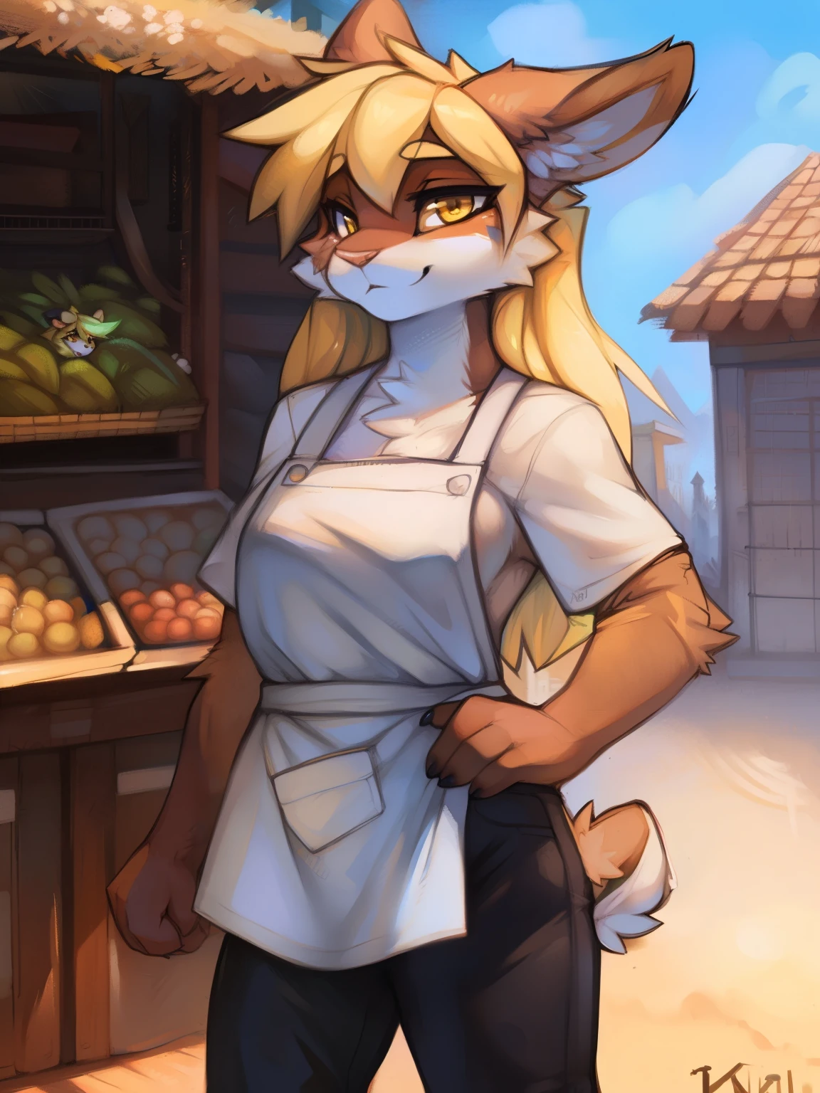 (highly detailed), ((Masterpiece)), ((Best Quality)), y fluff-kevlar, by Zackary911, by Kenket, by Kilinah, by fluff-kevlar, solo, female, rabbit, rabbit tail, (lop ears:1.1), blonde hair, long straight hair, beige fur, yellow eyes, bright eyes, medium breast, ((white shirt)), ((green apron)), ((black pants)), market scenery
