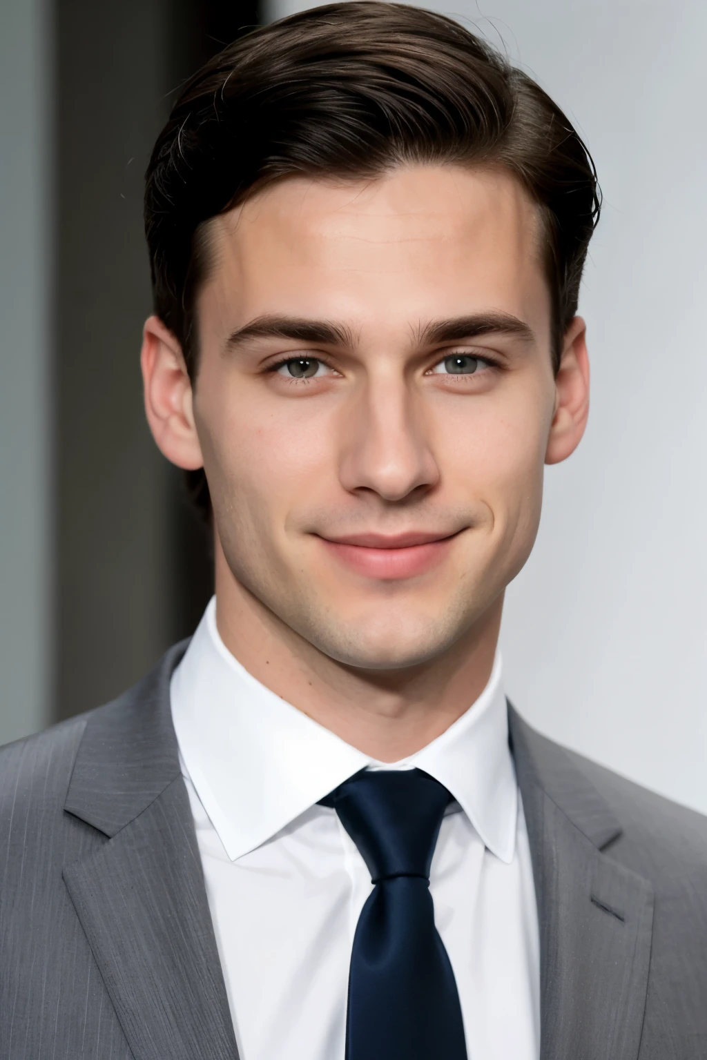 the face of a young white guy, he has short black hair, without glasses, with dark gray-blue eyes and a straight long thin nose, an elongated face with a smile on his lips, without beard, without mustache, in a gray suit with a striped tie.