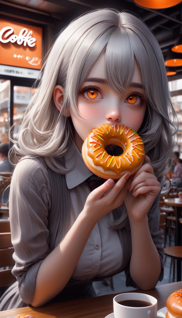 A middle-aged man eating a donut in a cafe, grey hair, tokin hat, orange eyes, Conceptual art, image fill, omake, vanishing point, Ultra-Wide Angle, anatomically correct, super detail, high details, high quality, best quality, highres, HD, 4K, 8k