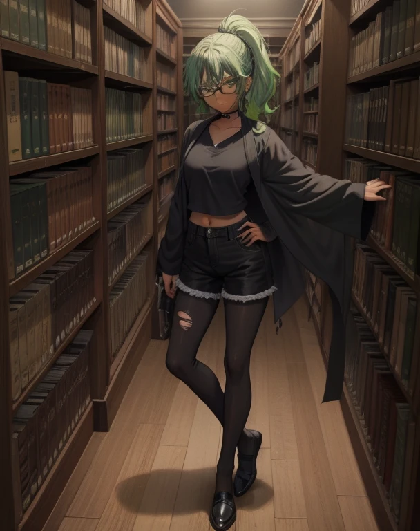 bright green hair, and a ponytail, library, bookshelf, glasses, character full body portrait, full body, a character portrait, dark red Hogwarts robe, black shirt, teen female emo art student, black jean shorts, black pantyhose, black hair pins, dark skin, torn black shirt, full body character portrait, inspired by Eiichiro Oda, stirrup leggings,
