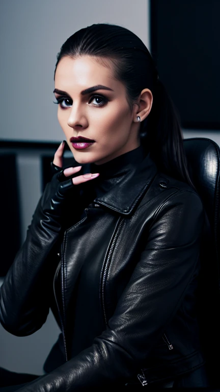 A woman in a black leather jacket, sitting in a dark office on a black leather chair, wearing black leather gloves with fingers visible, long black leather boots, black leather skinny pants, with black hair in a ponytail, full body shot, detailed, photorealistic, dramatic lighting, cinematic, moody, high contrast, vibrant colors.