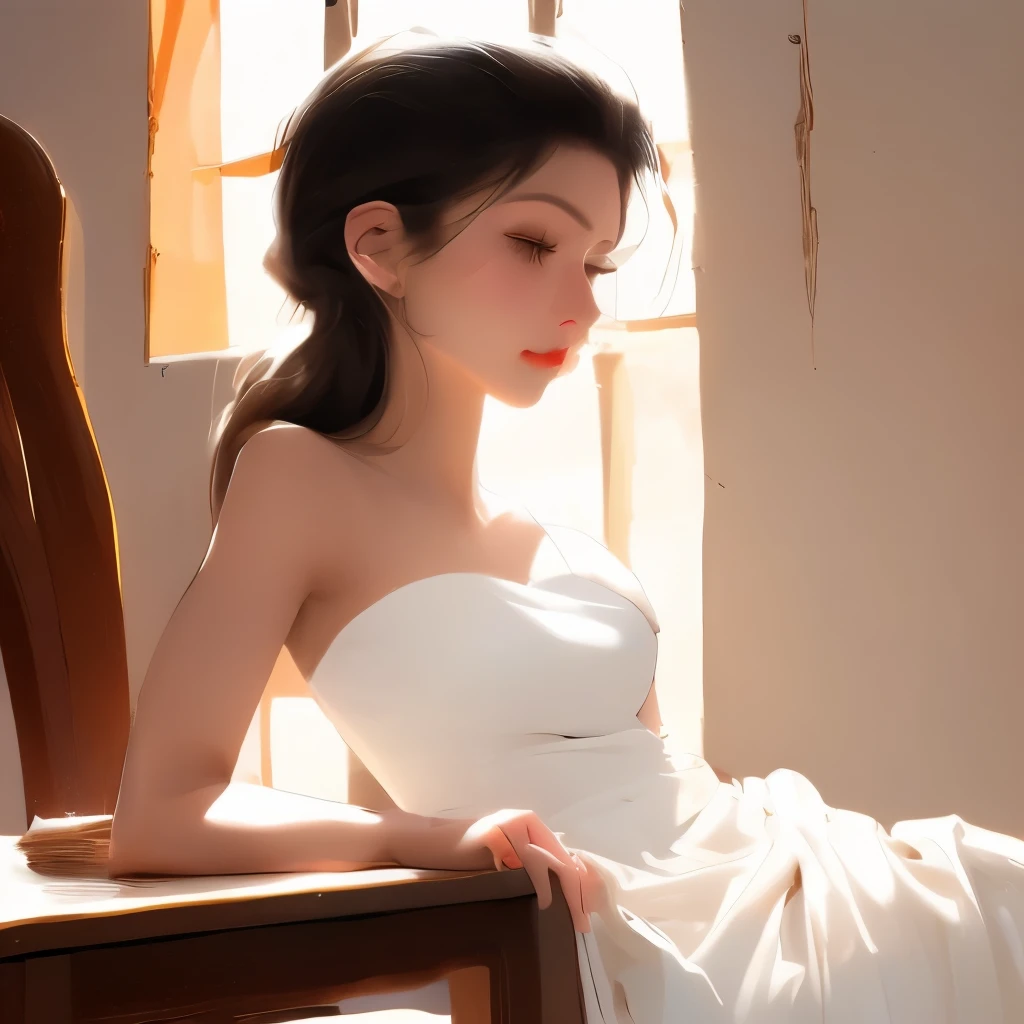doll joints, doll joints, doll joints, Limb doll joints, A beautiful white porcelain ball-jointed doll modeled after an 20-year-old woman, pure white silk chignon hair, pure white strapless and sleeveless dress, life size, somber expression, thin and haggard, face without makeup, big clear eyes, looking away, from front, upper body, old wooden chair, Tungsten Light, dark window at 9pm, masterpiece, ultra detailed, 4k, 8k,