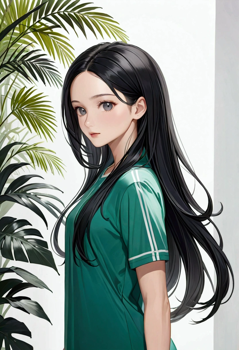 Long smooth black hair with white peekaboo highlights
, grey eyes
, Slender and athletic built
, Average height
, Casual Clothing
, UHD, 8k, Best quality