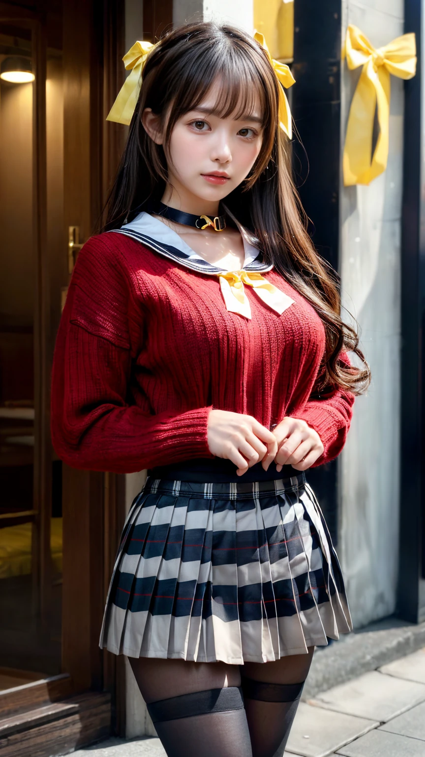 (absurdres:1.3), (highres:1.3), (ultra detailed:1.3),(1girl:1.3), (extremely detailed CG unity 8k wallpaper:1.3), (detailed skin texture, detailed cloth texture, detailed hair texture), (beautiful detailed face, supermodel, pale skin, realistic glistening skin), (RAW photo, best quality), (realistic, photo-realistic:1.4), masterpiece, extremely delicate and beautiful,Amazing, finely detail, extremely detailed CG unity 8k wallpaper, huge filesize, ultra-detailed, highres, absurdres, soft light,rim light, vibrant details, hotel room, straight hair, large breasts, black hair color, Big Natural Color Lip, (perfect body shape), beautiful legs, BREAK (red theme:1.4), (school uniform:1.2), (fusion of red sweater and red shirt with sailor-collar:1.4), (tucked out uniform tops:1.4), (long sleeve:1.2),

BREAK (yellow theme:1.3), (sailor-collar with yellow ribbon:1.3),

BREAK (black and white plaid-pattern pleated-skirt:1.3), (pantyhose:1.2), (loafers:1.1), crying a little、Harajuku style、20 year old girl、cute type、lolita、