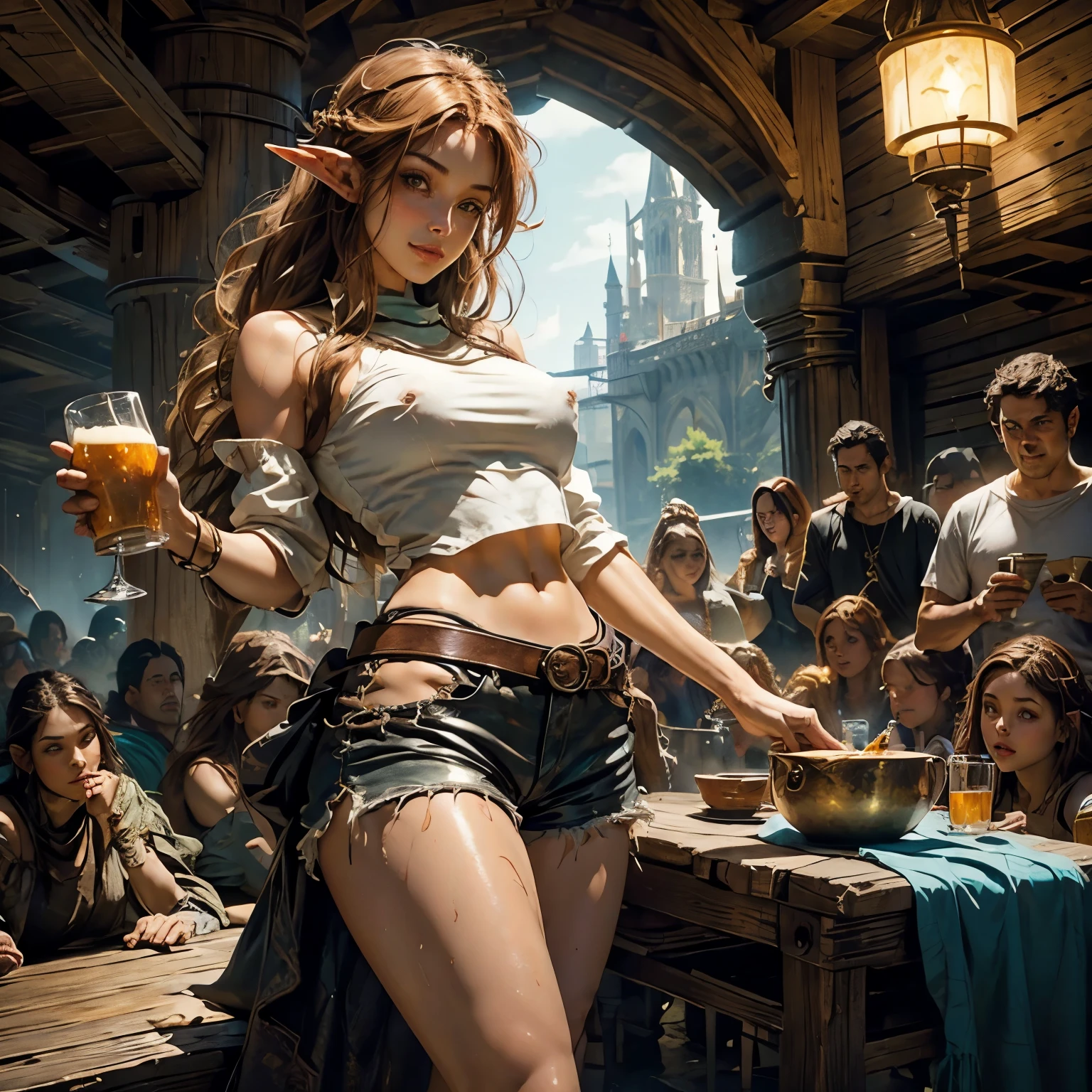 ((Medieval fantasy setting)). score_9, score_8_up, score_7_up, score_6_up, Echo, a 22-year-old half-elf. She has light brown skin, thick light chestnut hair with caramel highlights and soft waves, and brown eyes with green hues. Her face is oval with soft features and pronounced cheekbones. She has full, attractive lips with a natural blush. A slight scar over her right eyebrow. Her ears are small like a human's but pointed like an elf's. Her physique is athletic, toned, slim, and flexible, with rounded, firm curves. She is (wearing short, tight-fitting turquoise leather shorts that accentuate her buttocks and reveal her firm, athletic thighs), and a (white transparent silk shirt buttoned only in the middle, leaving the (neckline) and lower abdomen exposed). Echo dances joyfully in the center of the tavern, already tipsy. The camera is shot from the front, showing her energetic movements and broad smile. She holds a wooden mug of beer in one hand, with the other hand raised, gesturing to the music. Beer splashes around during the dance, soaking her shirt. Her legs move rhythmically, and her light chestnut hair with caramel highlights, braided, flows behind her. Around her, other patrons are dressed in medieval fantasy attire cheer and applaud her. No Bra, Hard Nipples Through Shirt, ((covered nipples)), ((cameltoe)), (shorts in the ass), (shorts between the buttocks), (buttocks out), (tight pussy), ((wet shirt))