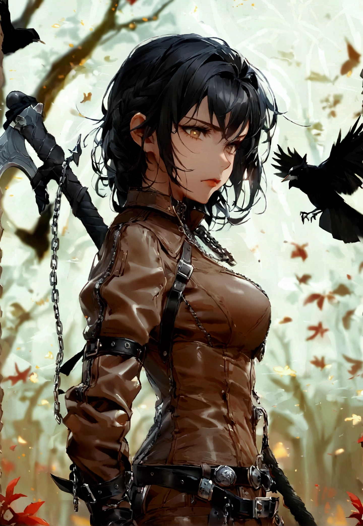 cartoon,20-year-old girl vampire hunter,masterpiece,high quality,serious,Brown leather outfit,The background is the night and the dry old tree,Slim body,Blood stains on clothes,Second Dimension,Holding a black iron battle axe with a long silver chain at the end,There are silver crows around,Black hair,A twisted braid,Silver hem,Leather gloves,White pupil,Silver highlights,There are several zippers on the clothes with short silver chains hanging on them.,Dark Wind,individual