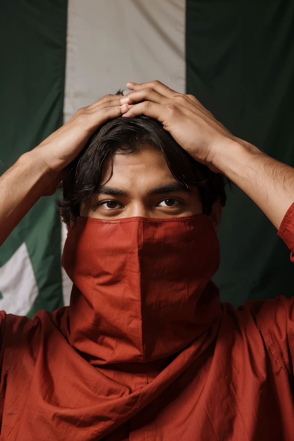 A photo with Bangladesh flag on background and a mans face full cover with red cloths and eyes will cover with black blind folds