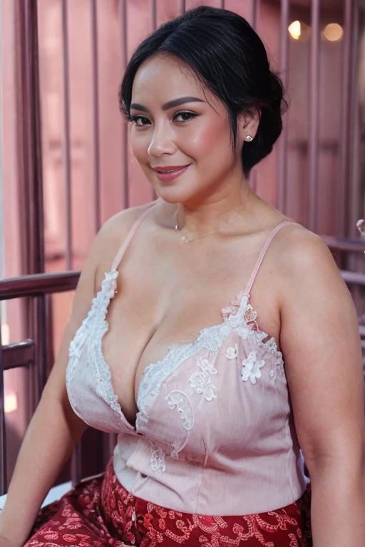 8k wallpaper, ​masterpiece, top-quality, ultra-detailliert, 40 years, A MILF, beautiful mature lady, chubby, harems, wearing traditional kebaya, Highly exposed breast, Skindentation, seducting smile, Thick lip, chubby lips, red blush, looking at the viewers, Different breast sizes, each with a different hairstyle, cleavage of the breast, Plump、Curvaceouassive hips、seductived faced、Naughty face, bbw, Big ass,