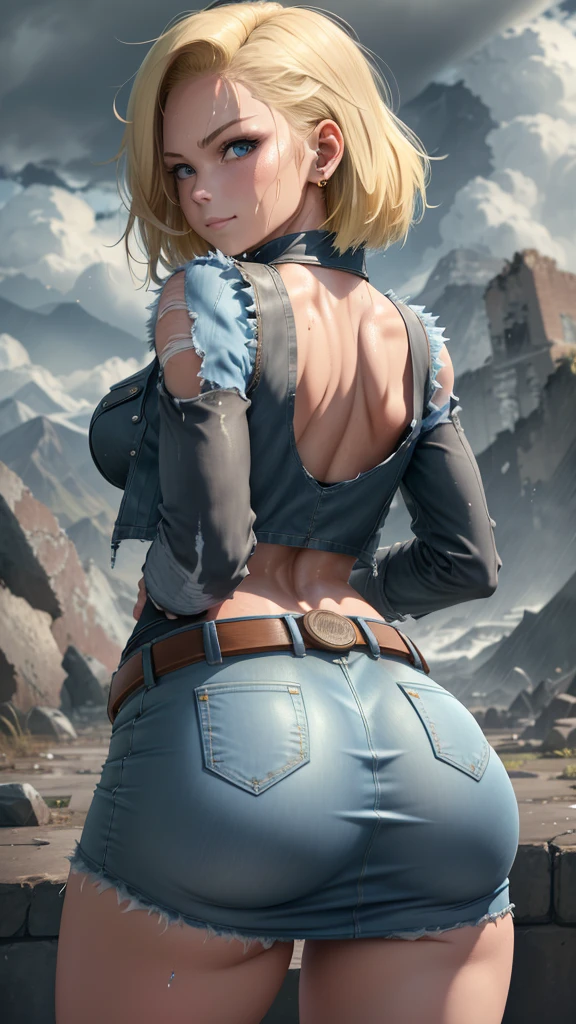 best quality, highres, and18, 1girl, android 18, solo, blonde hair, blue eyes, belt, tight blue demin skirt, gold_necklace, closed fists, black shirt, short hair, long sleeves, earrings, open vest, denim vest, medium breasts, cowboy shot, mountains, straight-on, (weather: raining and windy), wet clothes, fierce smile, combat stance, full jeans, battle ruins, wide hips, thick legs, wet body, fighting ((((toma desde atrás))), (((show back))), (((fat ass)))