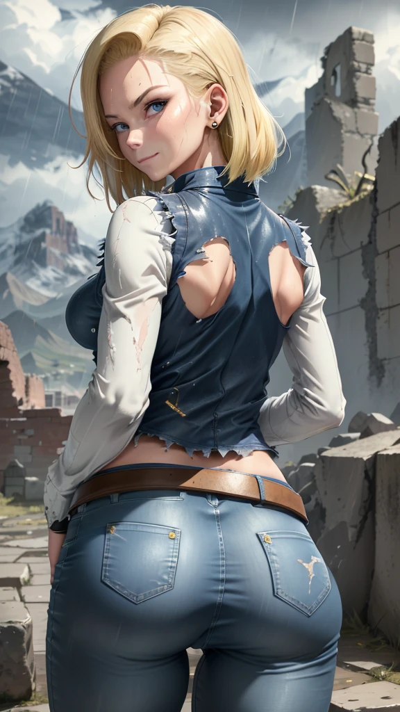 best quality, highres, and18, 1girl, android 18, solo, blonde hair, blue eyes, belt, tight blue demin skirt, gold_necklace, closed fists, black shirt, short hair, long sleeves, earrings, open vest, denim vest, medium breasts, cowboy shot, mountains, straight-on, (weather: raining and windy), wet clothes, fierce smile, combat stance, full jeans, battle ruins, wide hips, thick legs, wet body, fighting ((((toma desde atrás))), (((show back))), (((fat ass)))
