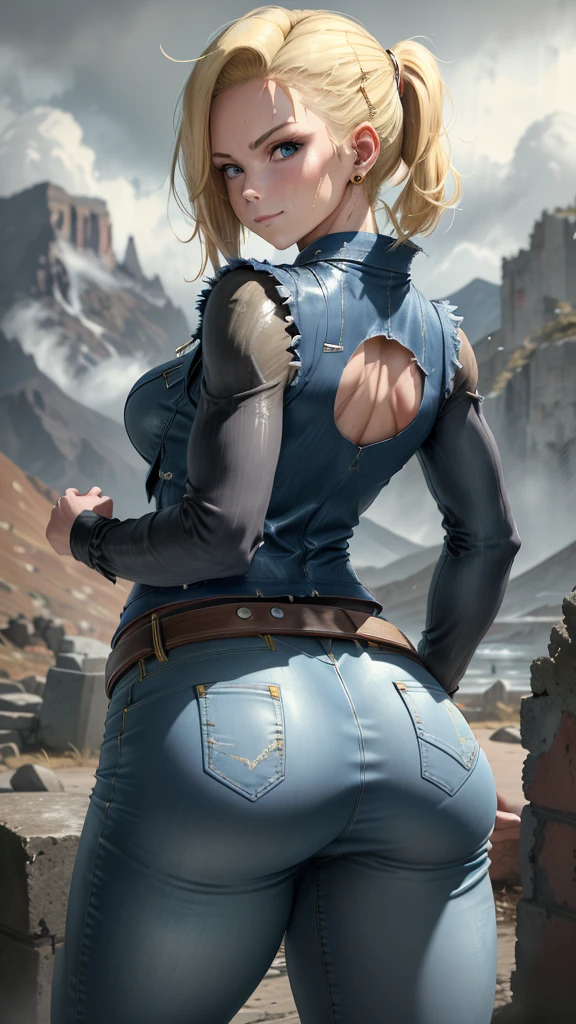 best quality, highres, and18, 1girl, android 18, solo, blonde hair, blue eyes, belt, tight blue demin skirt, gold_necklace, closed fists, black shirt, short hair, long sleeves, earrings, open vest, denim vest, medium breasts, cowboy shot, mountains, straight-on, (weather: raining and windy), wet clothes, fierce smile, combat stance, full jeans, battle ruins, wide hips, thick legs, wet body, fighting ((((toma desde atrás))), (((show back))), (((fat ass)))