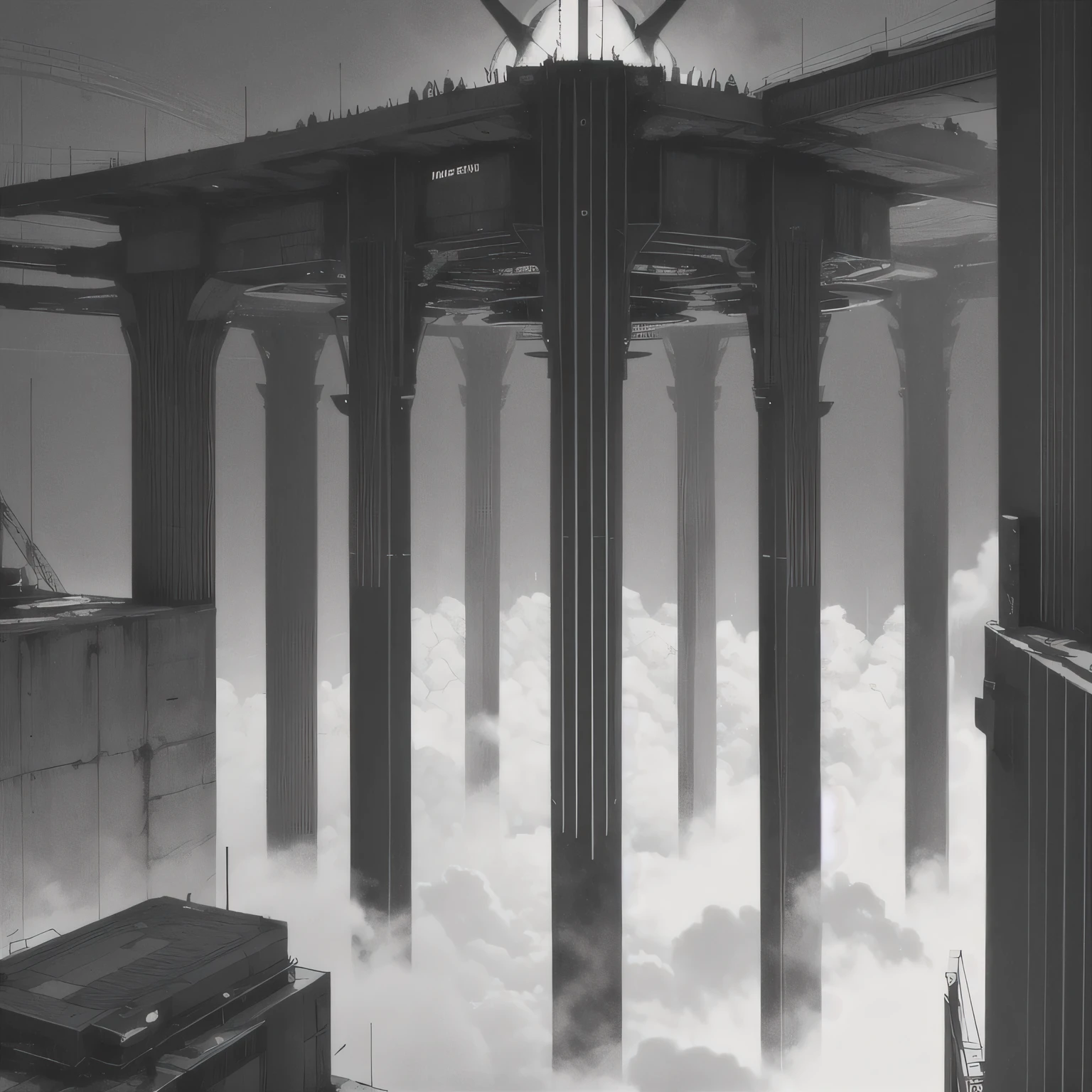 Blame concept art, An oversized city crowned with metal and geometry, metal catwalk, camera looking from above, black and white