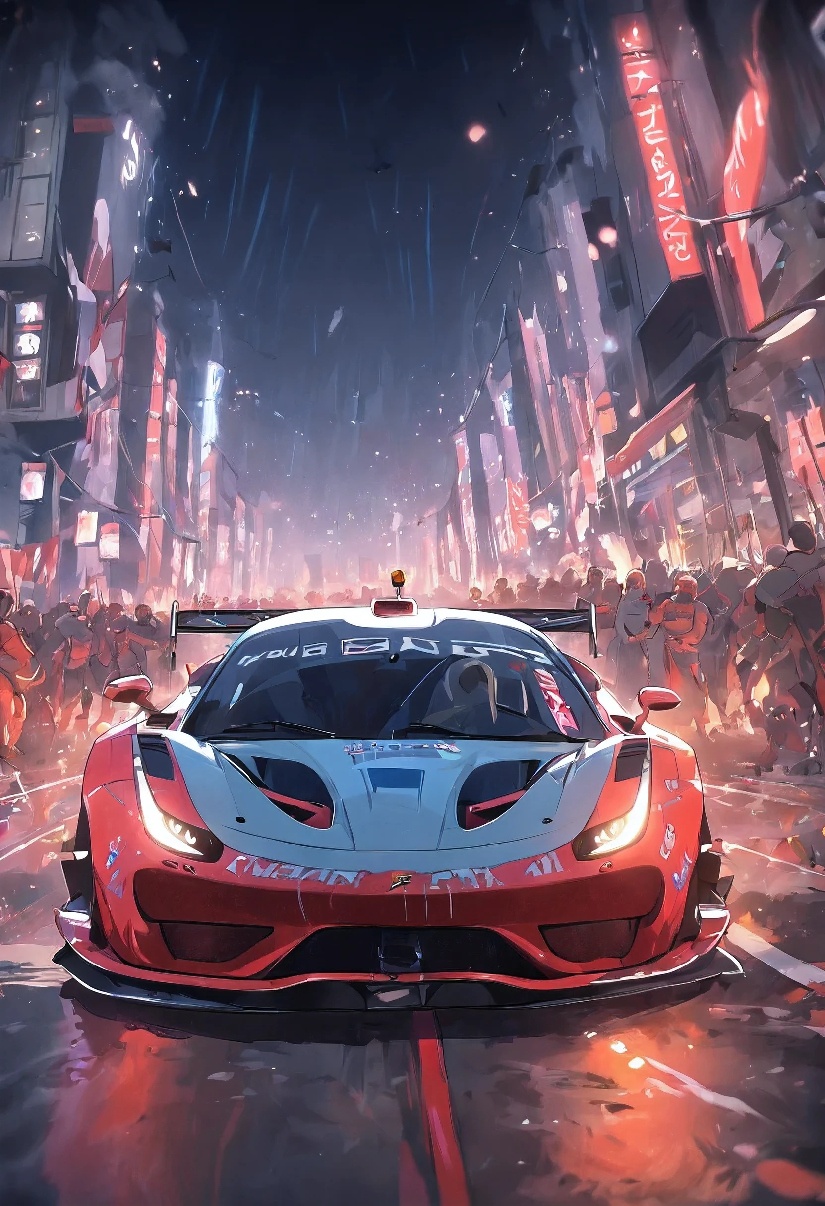 "a quality(Ferrari 488 GT3)Racing cars race around the city circuit at night.，A breath of blood and speed.。"