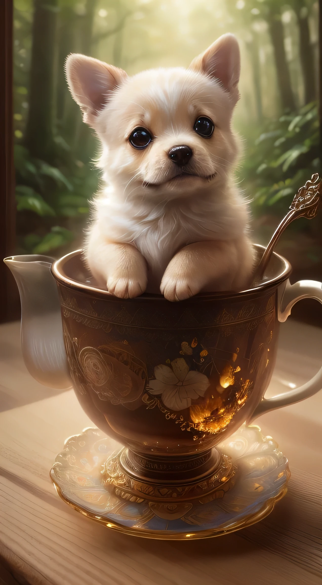 (Highest quality,4K,8k,High resolution,masterpiece:1.2),Very detailed,(Realistic,Realistic,Realistic:1.37), Multiverse,Diverse fractal landscapes,Natural Beauty,Ceramic craftsmanship,Glassy Surface,Cute Teacup Dog,Flickering flames,Art Gallery