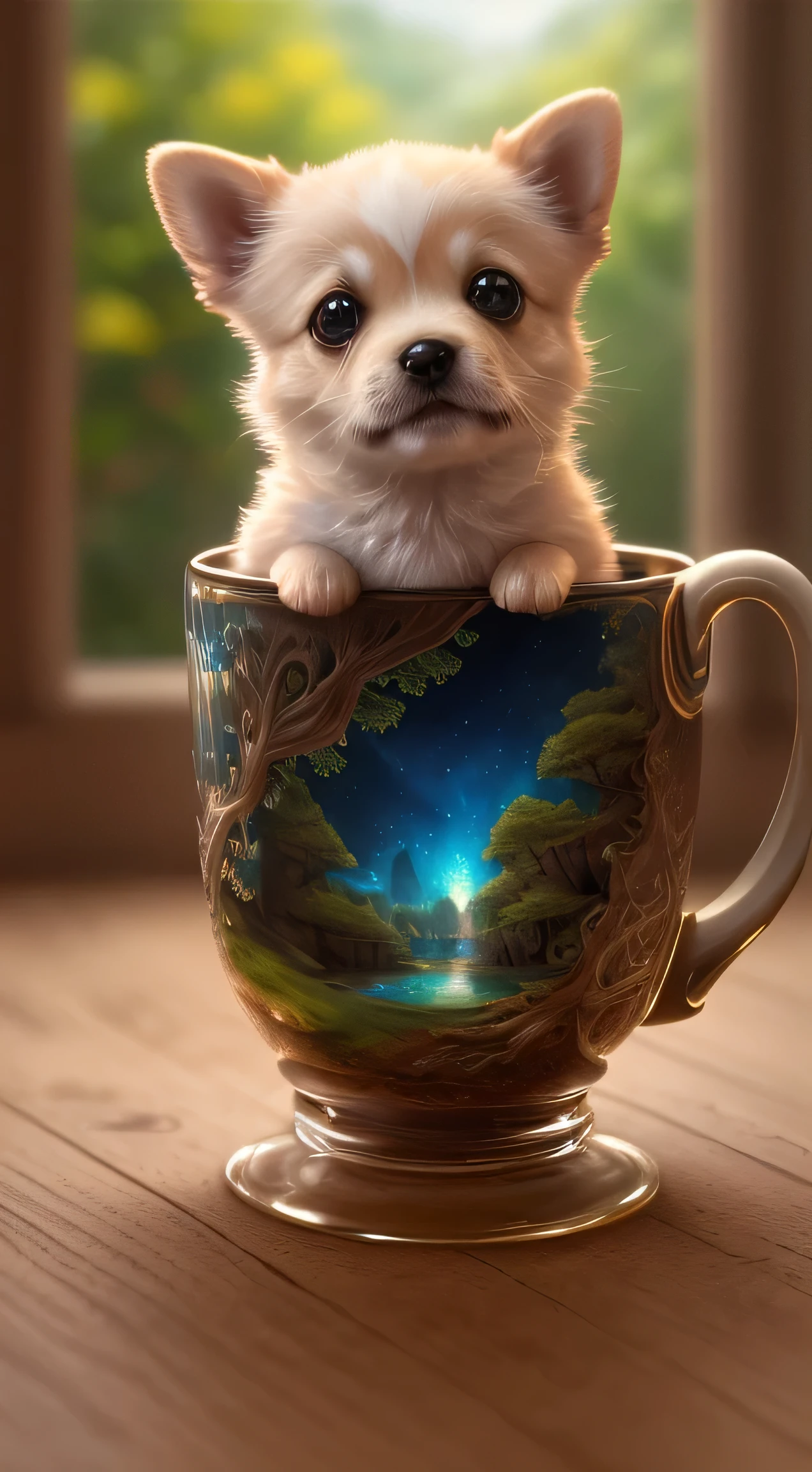 (Highest quality,4K,8k,High resolution,masterpiece:1.2),Very detailed,(Realistic,Realistic,Realistic:1.37), Multiverse,Diverse fractal landscapes,Natural Beauty,Ceramic craftsmanship,Glassy Surface,Cute Teacup Dog,Flickering flames,Art Gallery