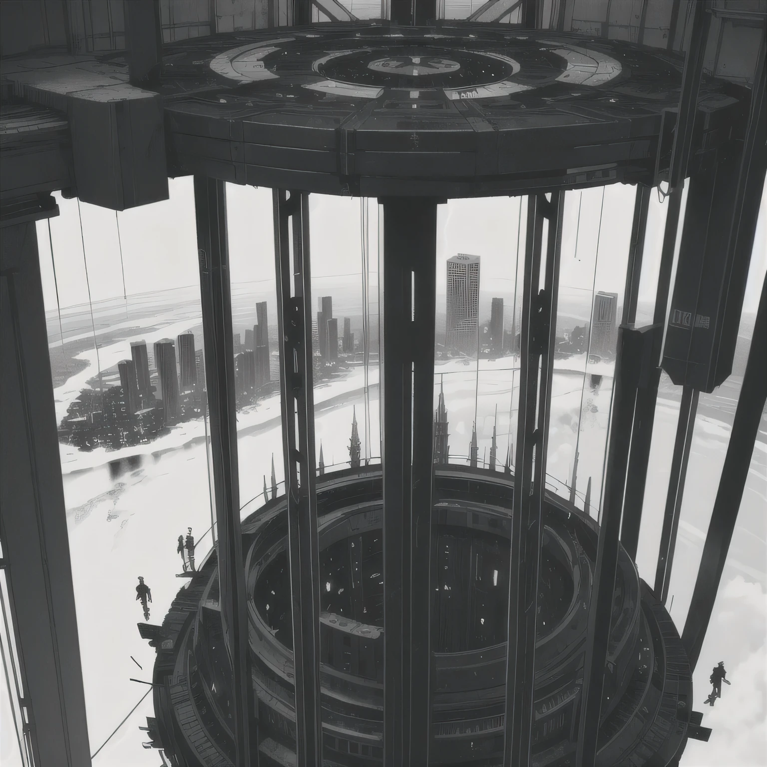 Blame concept art, An oversized city crowned with metal and geometry, metal catwalk, camera looking from above, black and white