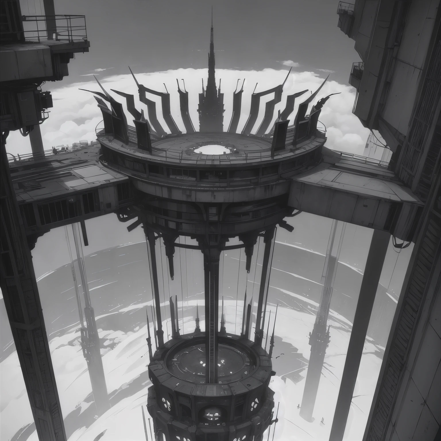 Blame concept art, An oversized city crowned with metal and geometry, metal catwalk, camera looking from above, black and white
