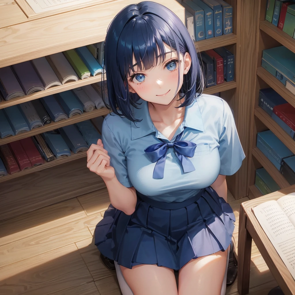 1 Solo　1 person　high school girl　17-year-old female　Bobcut　dark blue hair color　High School Uniform　Light blue Y-shirt　Short sleeve　Blue Ribbon　dark blue hair color　Slim figure　Large Breasts　Full body portrait　学校のlibrary　Smiling Kindly　Laugh a little　library　Squat　Place your hands before kneeling　Put your hands on the floor　