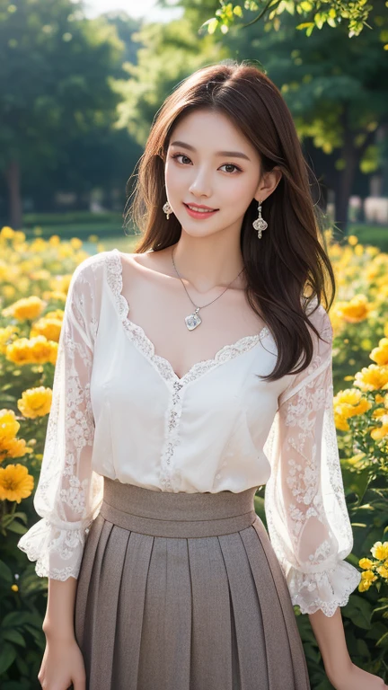 (Highest quality、 8k 、masterpiece、High resolution)、Young lovely woman、Ample breasts、Beautiful clavicle、Slender beauty、(Brown hair medium、My hair is blowing in the wind、Flows backwards)、whole body、 (Beautiful Face,Beautiful Eyes,Beautiful nose,Pretty lips)、(Earrings、silver heart pendant necklace)、(Feminine Style、3/4 Sleeve Lace Blouse、See-through long skirt)、Her mouth opens slightly and a smile appears.、Dynamic pose、Outdoor、(garden、Colorful flowers)、looking at the camera、Professional Lighting、Professional photographer、
