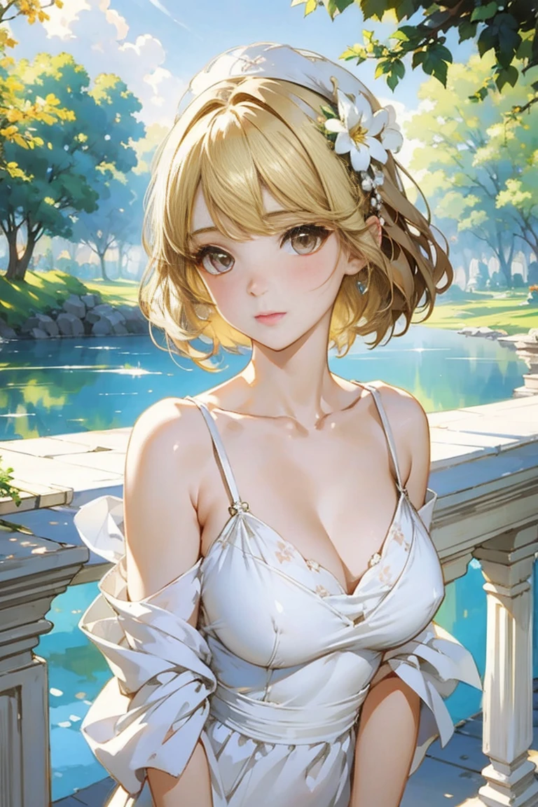 Beautiful and fair、Radiant Skin, 3 Up, Gorgeous, bright, Fresh and gentle expression, Perfect beautiful face、Beautiful shiny bangs, A very beautiful 17 year old girl, Eyeliner, Very perfect eyes,Large Breasts,Grooves reveal original skin,Muscular body,White skinny bikini,Blonde short haive fingers