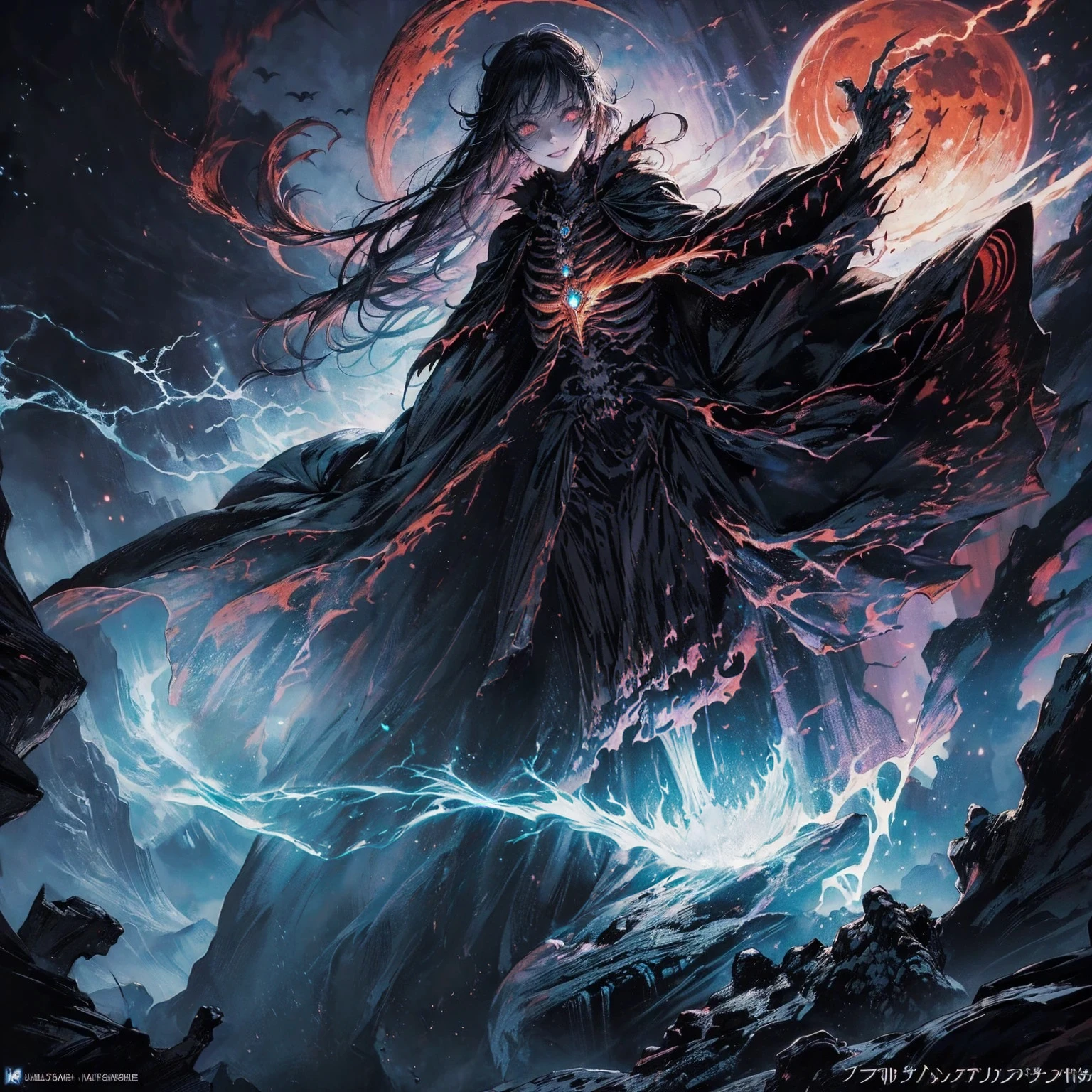 (full body shot:1.5), (Wide-angle lens:1.2), (black hair:1.5), best quality, 4K, high resolution, (masterpiece:1.2), Very detailed, (current:1.37), (Anatomically correct:1.2), Mood lighting, Undead girl in a long cloak, (Torso and limb is skeleton bone but head is still beautiful human face:1.2), Wearing a tattered gothic skirt, A sense of alienation, Dangerous sneer, Smiling and crying, Dark Force (StarWar), Force lightning radiates from fingertips, Facing the camera, Pitch black sky, Blood red moon, strange atmosphere, Gothic style, Unforgettable beauty, Dramatic shadows, Ethereal Light, Mysterious atmosphere, Resurrection from the grave, The Black Magic, Dead, Anime characters with black hair, Detailed cover design, Anime epic artwork, detailed key anime art, Be focused, dark fantasy artwork, Anime Fantasy Artwork, Official artwork with high detail, Dark Witch Panorama, Lich Vecna (d&d)