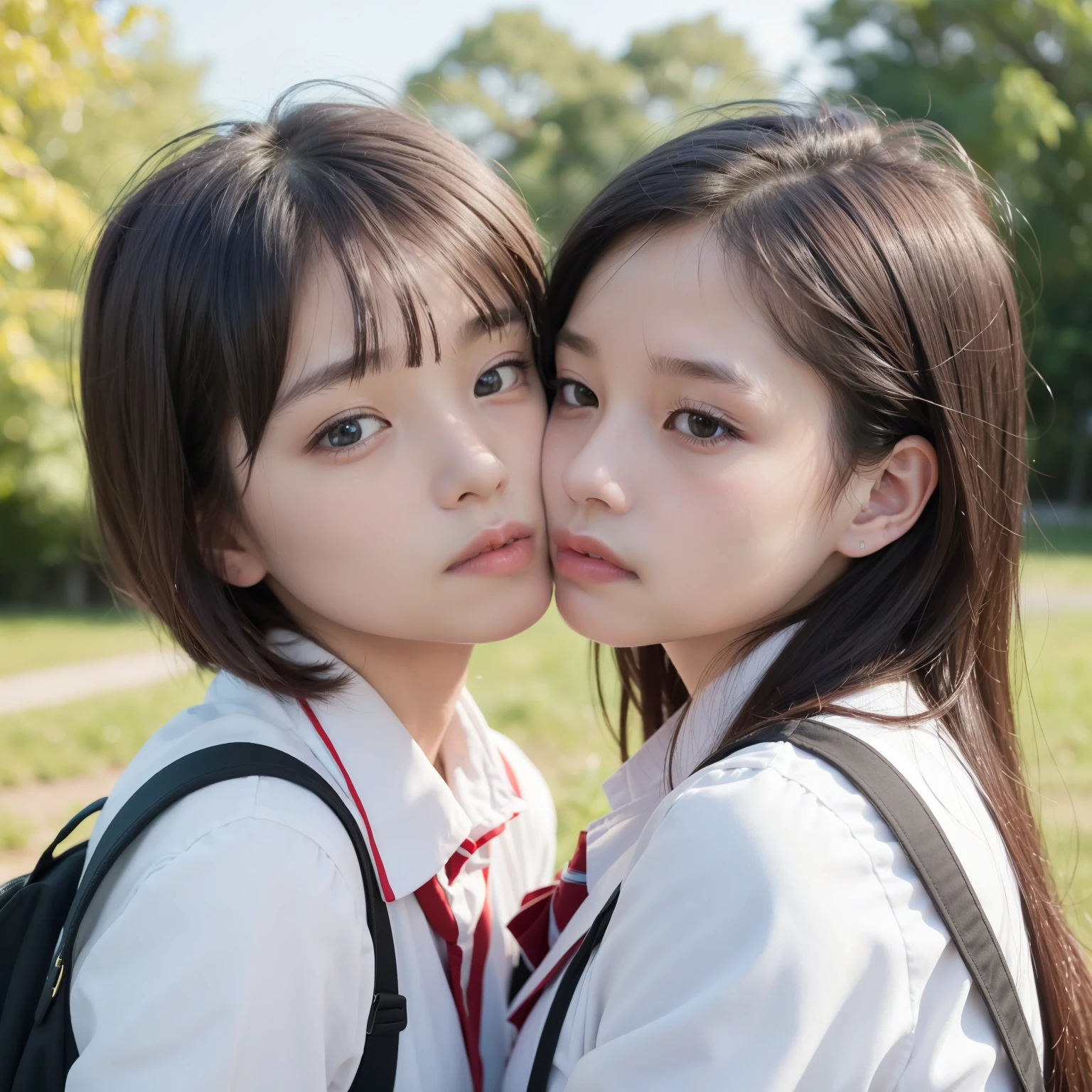 (picture)(8k、RAW Photos、Highest quality、masterpiece:1.2)、(Realistic、Photorealistic:1.4)、Hyperrealism、(masterpiece)、(High resolution)、(Ultra-detailed)、(Best Shadow)、Realistic Shadows、超High resolution、(Detailed face:1.4)、Perfect Skin、Realistic skin texture、Detailed skin texture、Depth of written boundary、Natural blurred、Lens flare、(Soft Saturation:1.3)、Professional portrait photography、kiss at school、(uniform:1.4)、Laughter、Two cute junior high school students、(Bobcut)、Long black hair、hug、(kiss:1.8), angry, kiss